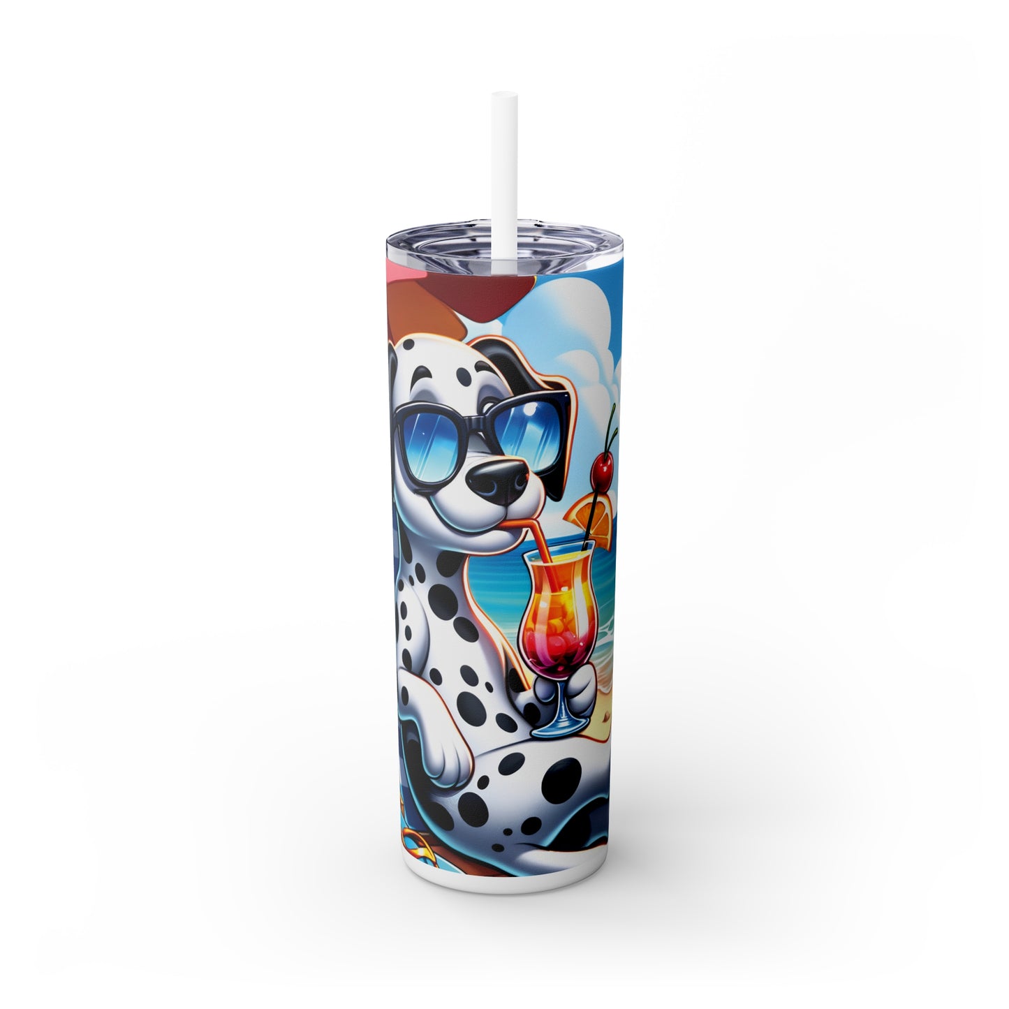 Skinny Tumbler with Straw, 20oz, Dog on Beach, Dalmatian, awd-1209