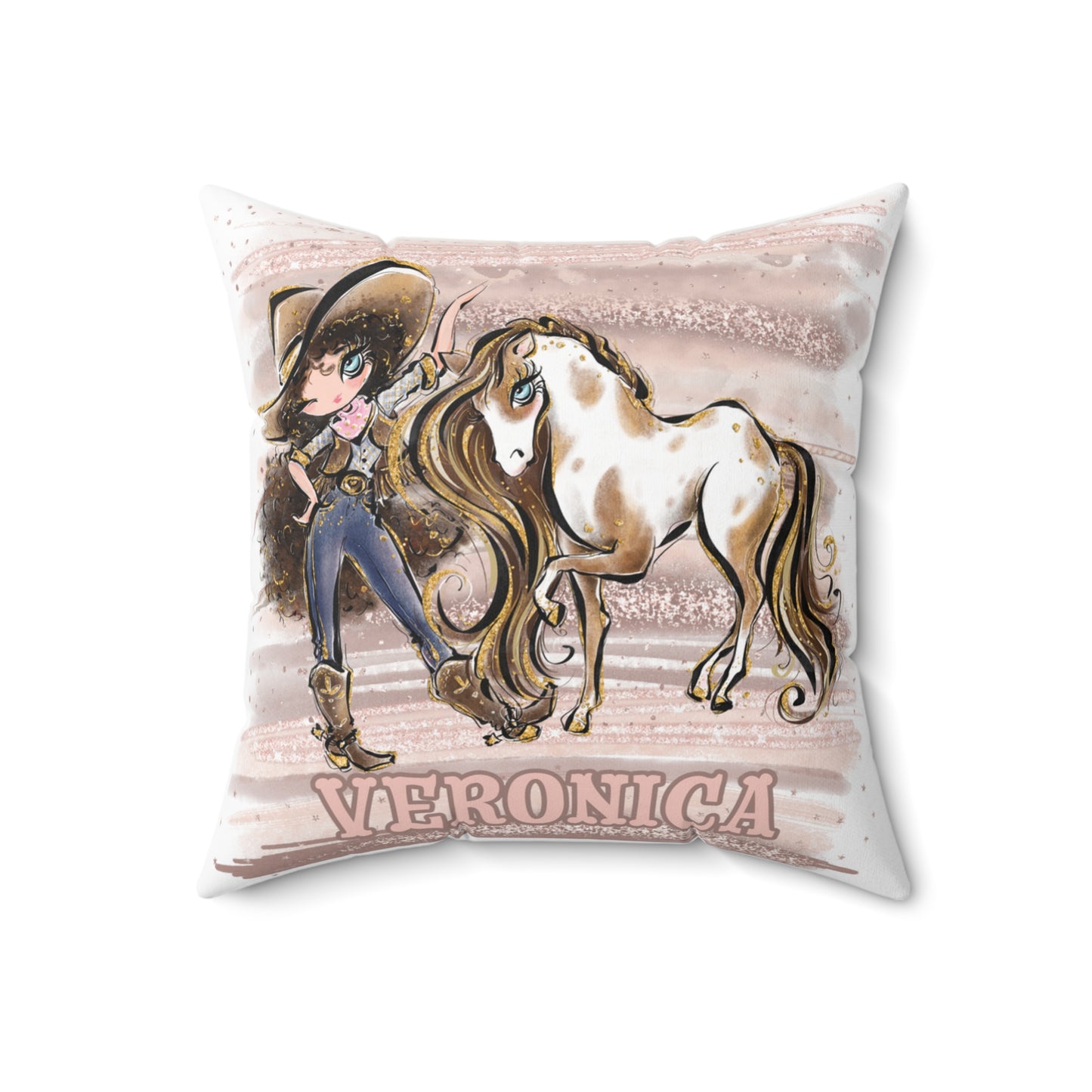 Personalised Cowgirl and Horse Cushion,  Brown Curly Hair, Blue Eyes, Polyester Square Cushion, Christmas cushion