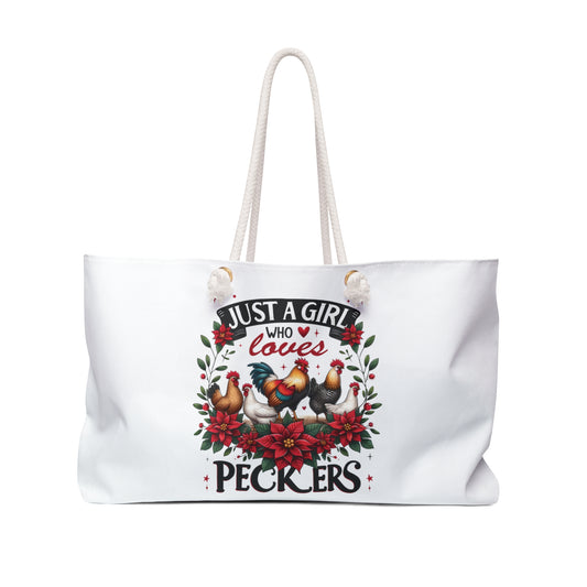 Personalised/Non-Personalised Weekender Bag, Chicken, Quote, Just a Girl Who Loves Peckers, Large Weekender Bag, Beach Bag, Book Bag