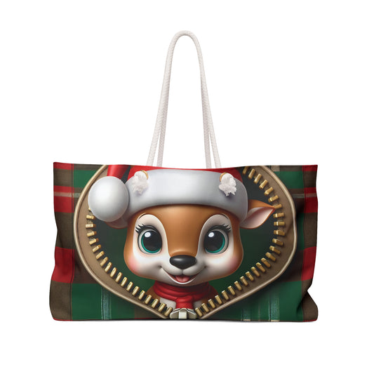 Personalised/Non-Personalised Weekender Bag, Cute Reindeer, Christmas, Tartan, Large Weekender Bag, Beach Bag, Book Bag