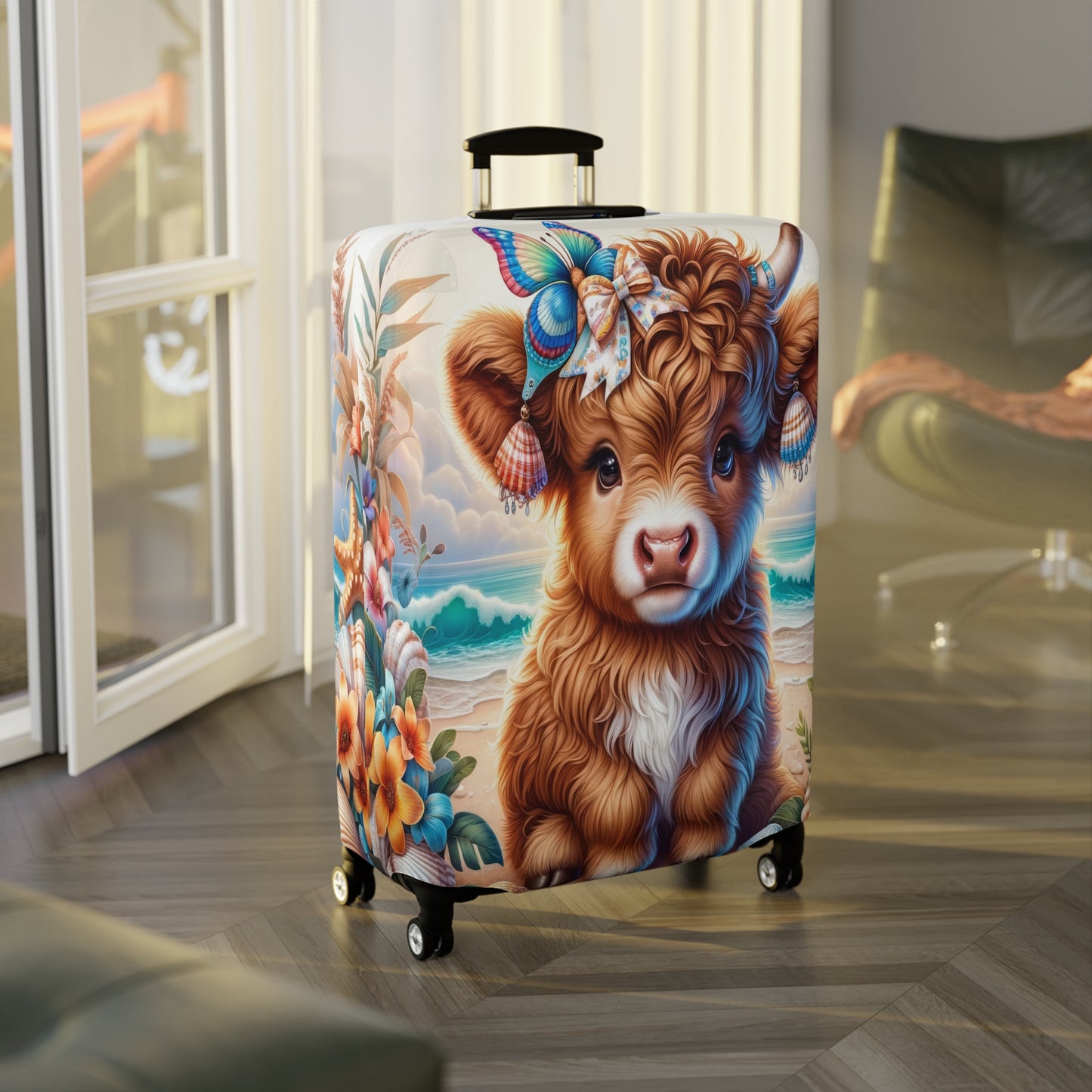 Luggage Cover, Highland Cow at the Beach, awd-1637