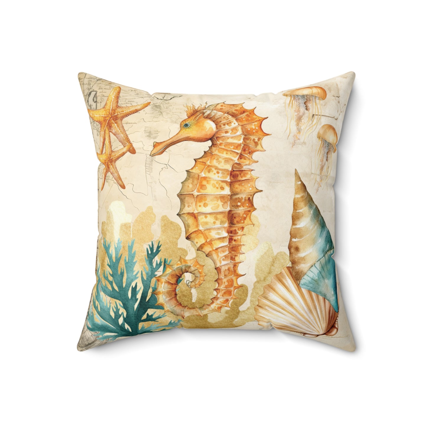 Nautical Polyester Square Cushion, Nautical cushion, Natural Seahorse