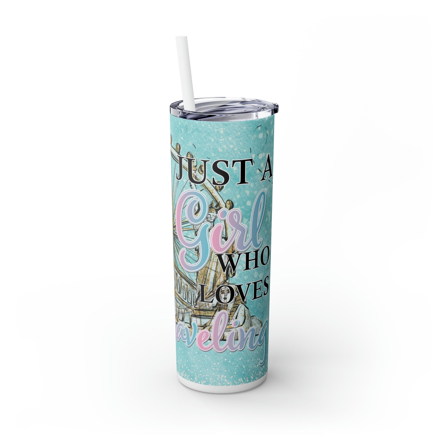 Skinny Tumbler with Straw, 20oz, Personalized, Just A Girl Who Loves Travelling, Light Blonde Hair