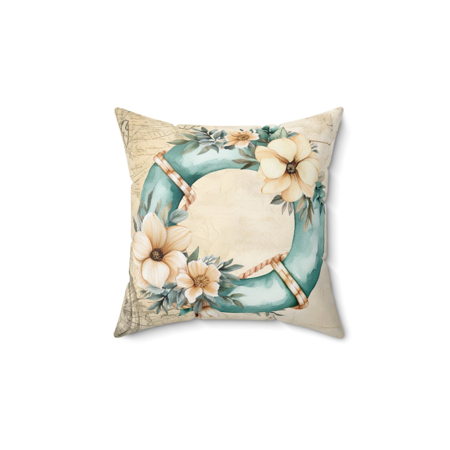 Nautical Polyester Square Cushion, Nautical cushion, Natural Floral Wreath