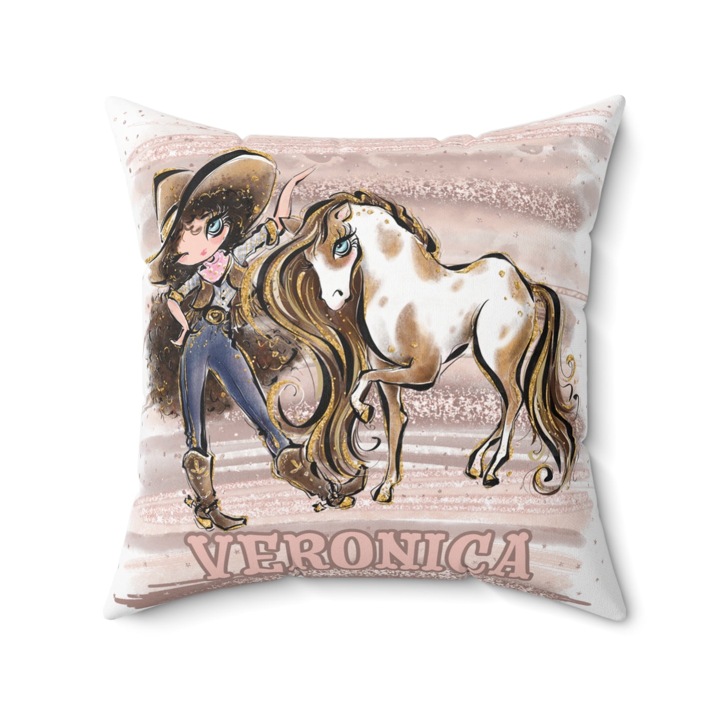 Personalised Cowgirl and Horse Cushion,  Brown Curly Hair, Blue Eyes, Polyester Square Cushion, Christmas cushion