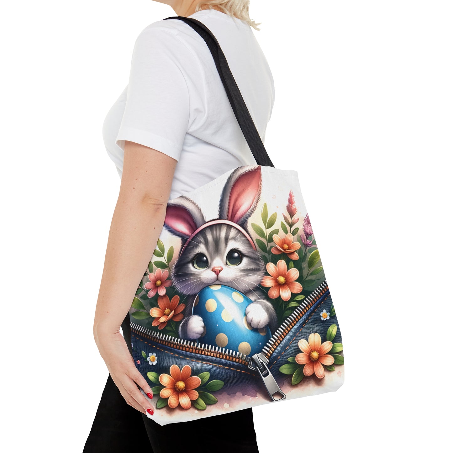 Tote Bag, Easter, Cute Cat with Bunny Ears, Personalised/Non-Personalised Tote bag