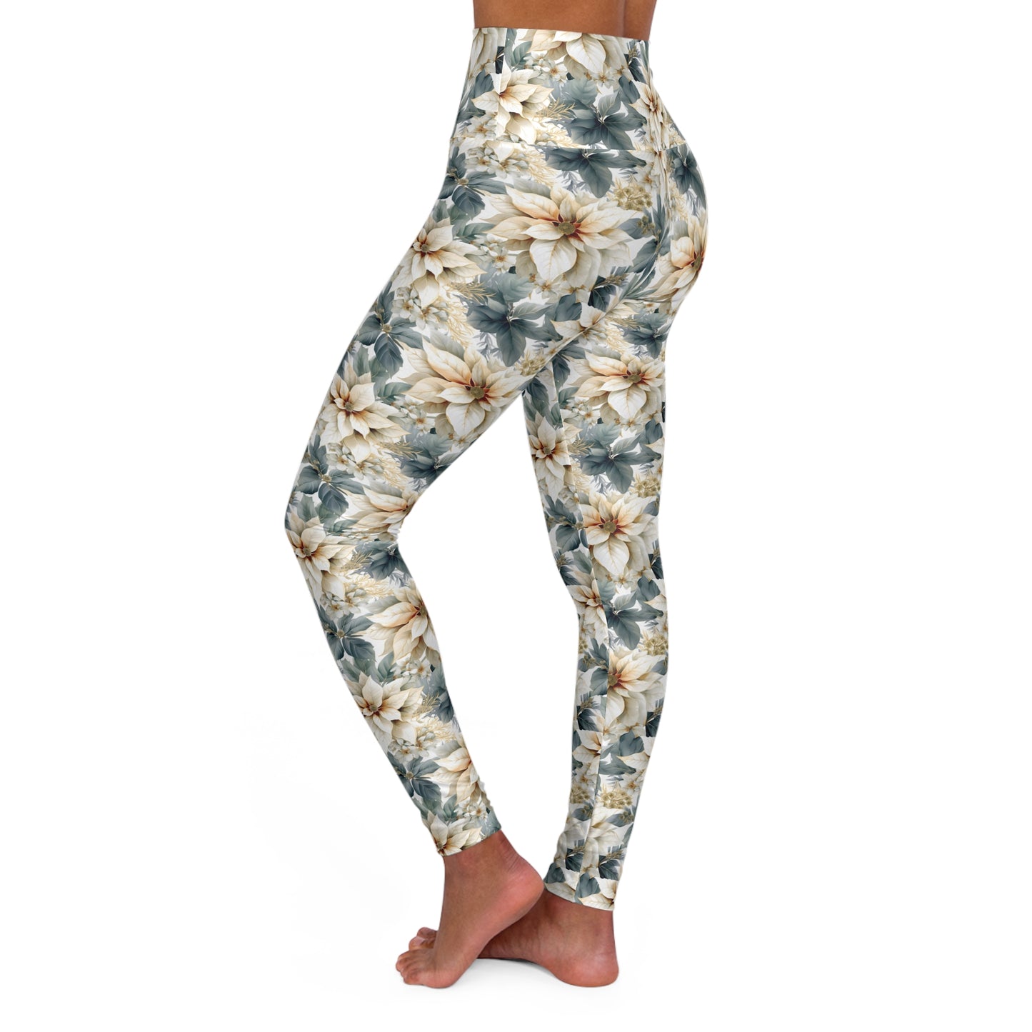 High Waisted Yoga Leggings, White Poinsettia