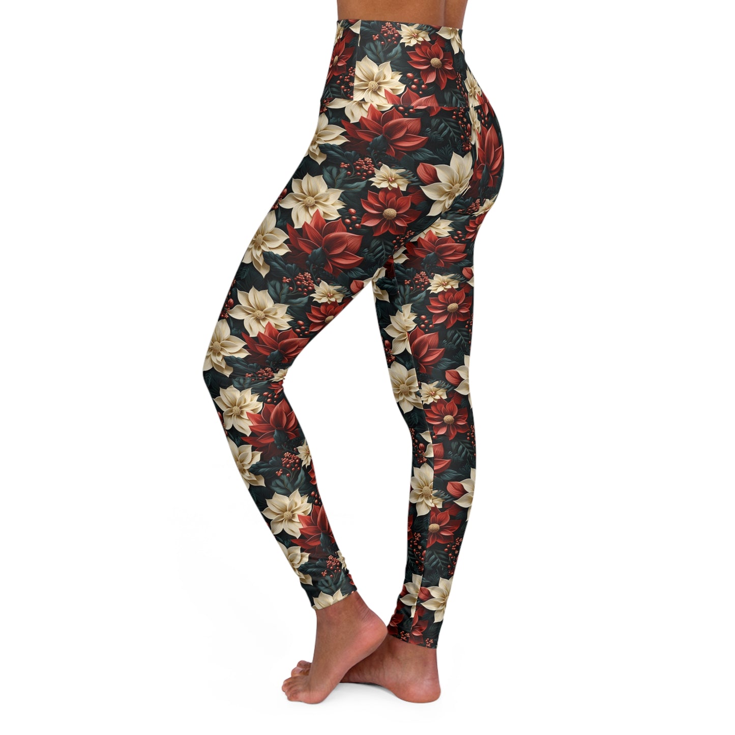 High Waisted Yoga Leggings, White Poinsettia