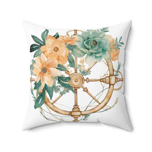 Nautical Polyester Square Cushion, Nautical cushion, Floral Ships Wheel