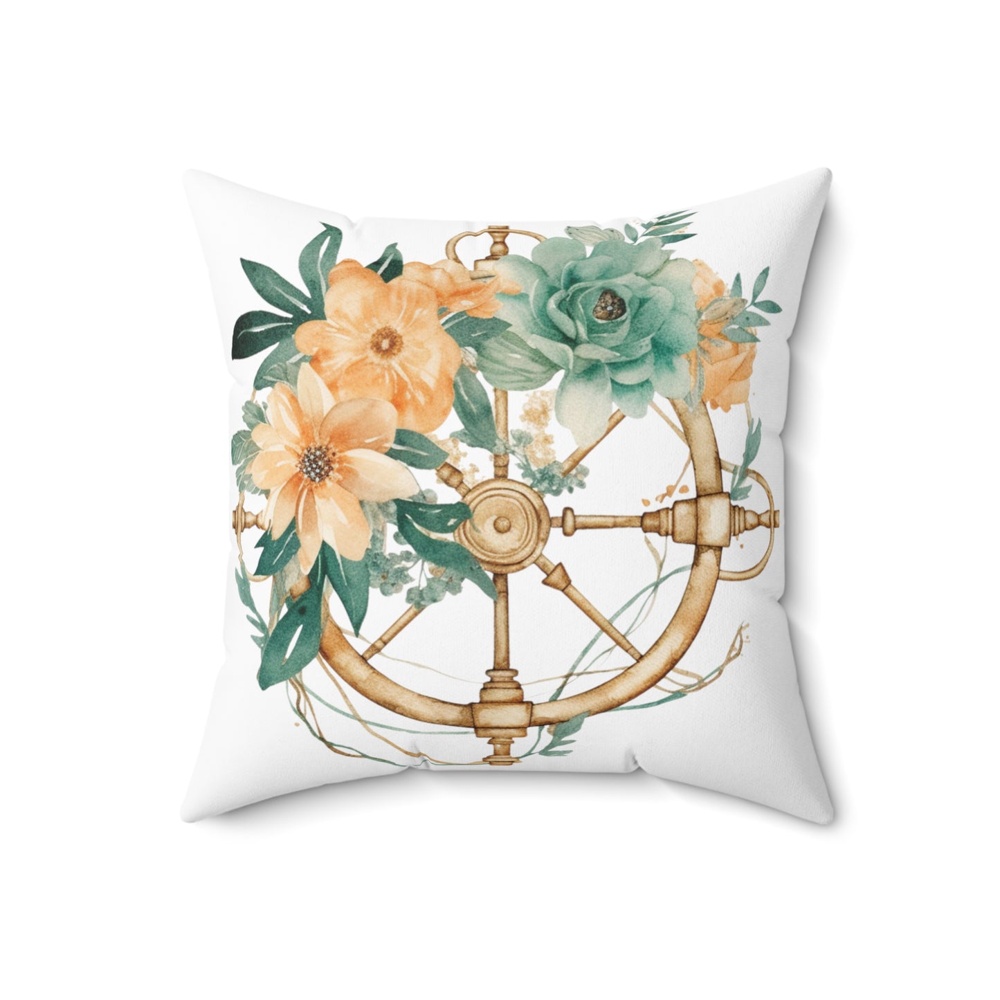 Nautical Polyester Square Cushion, Nautical cushion, Floral Ships Wheel