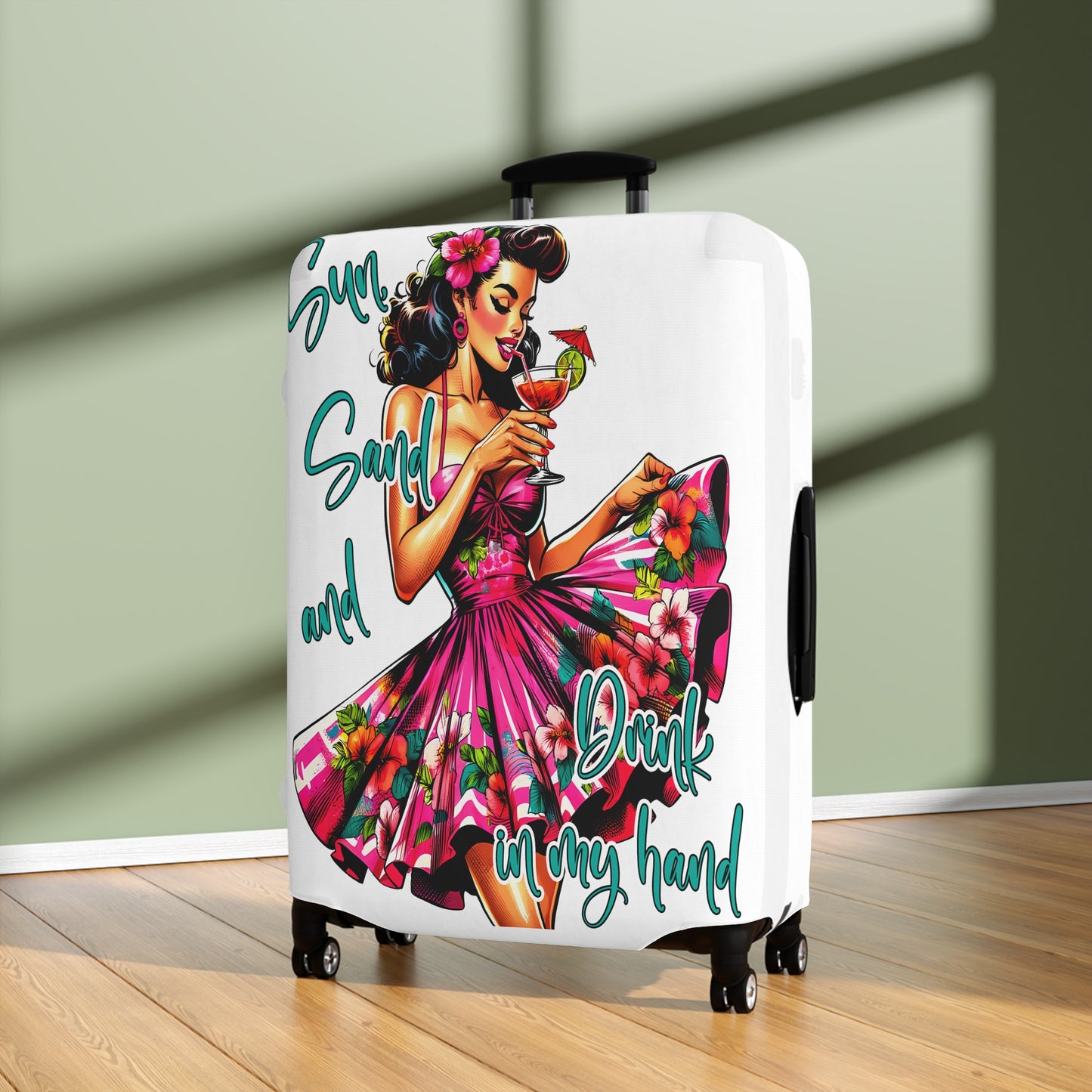 Luggage Cover, Retro Girl, Sun Sand and Drink in Hand, awd-3012