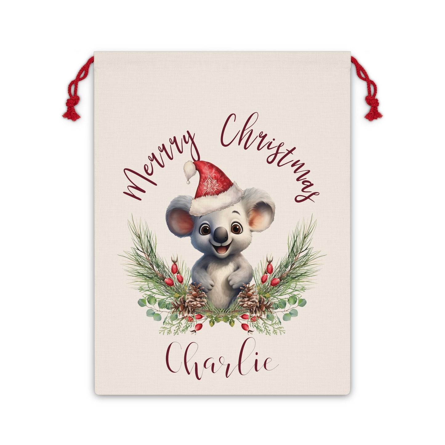 Personalised Santa Sack, Koala, Poinsettia Leaves Linen Bag