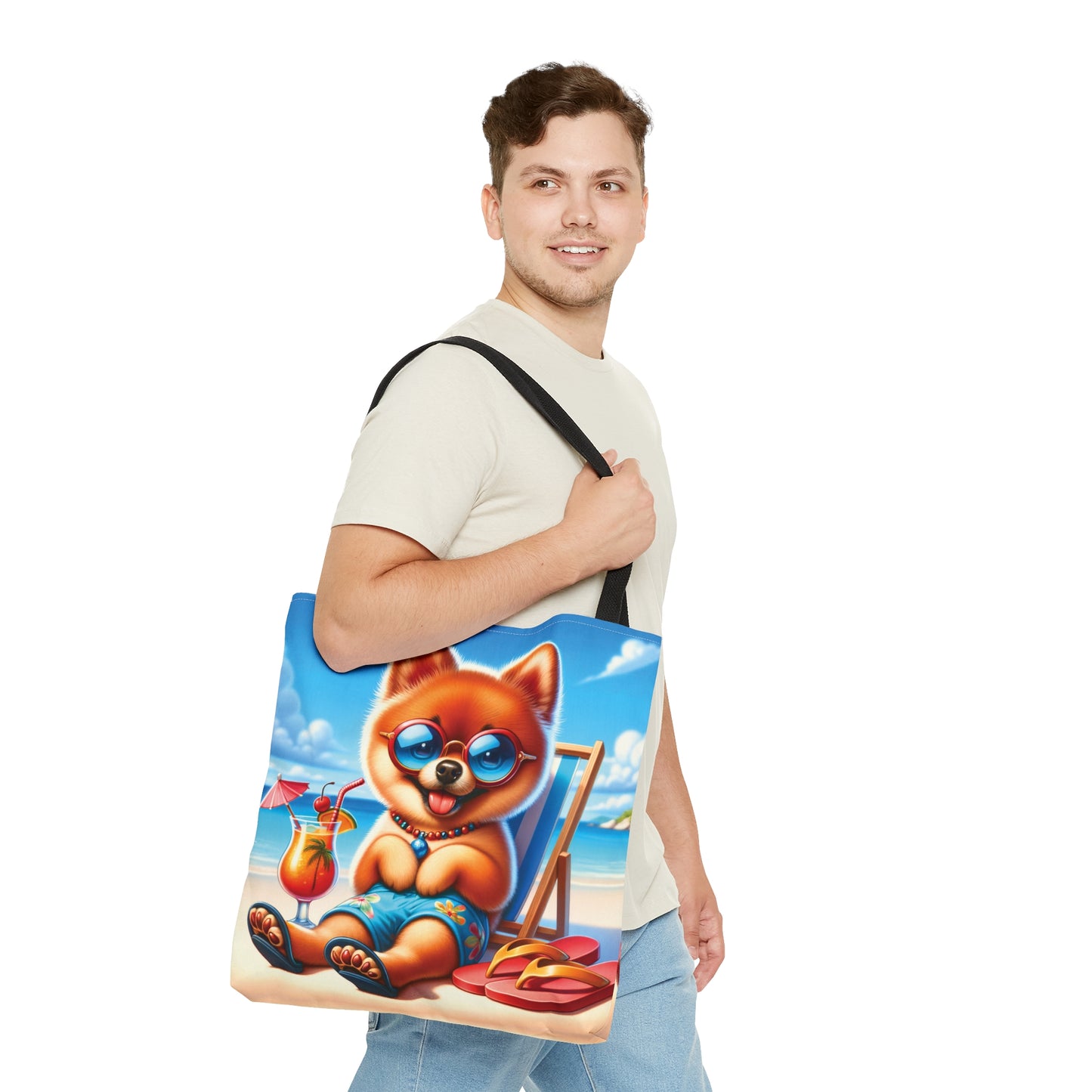 Tote Bag, Dog on Beach, Pomeranian in shorts, Tote bag, awd-1232