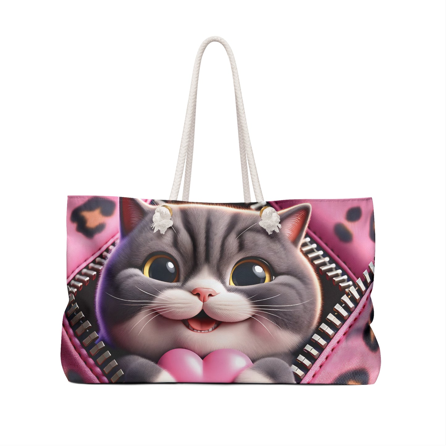 Personalised/Non-Personalised Weekender Bag, Cute Cat, Zipper, Valentines Day, Large Weekender Bag, Beach Bag, Book Bag