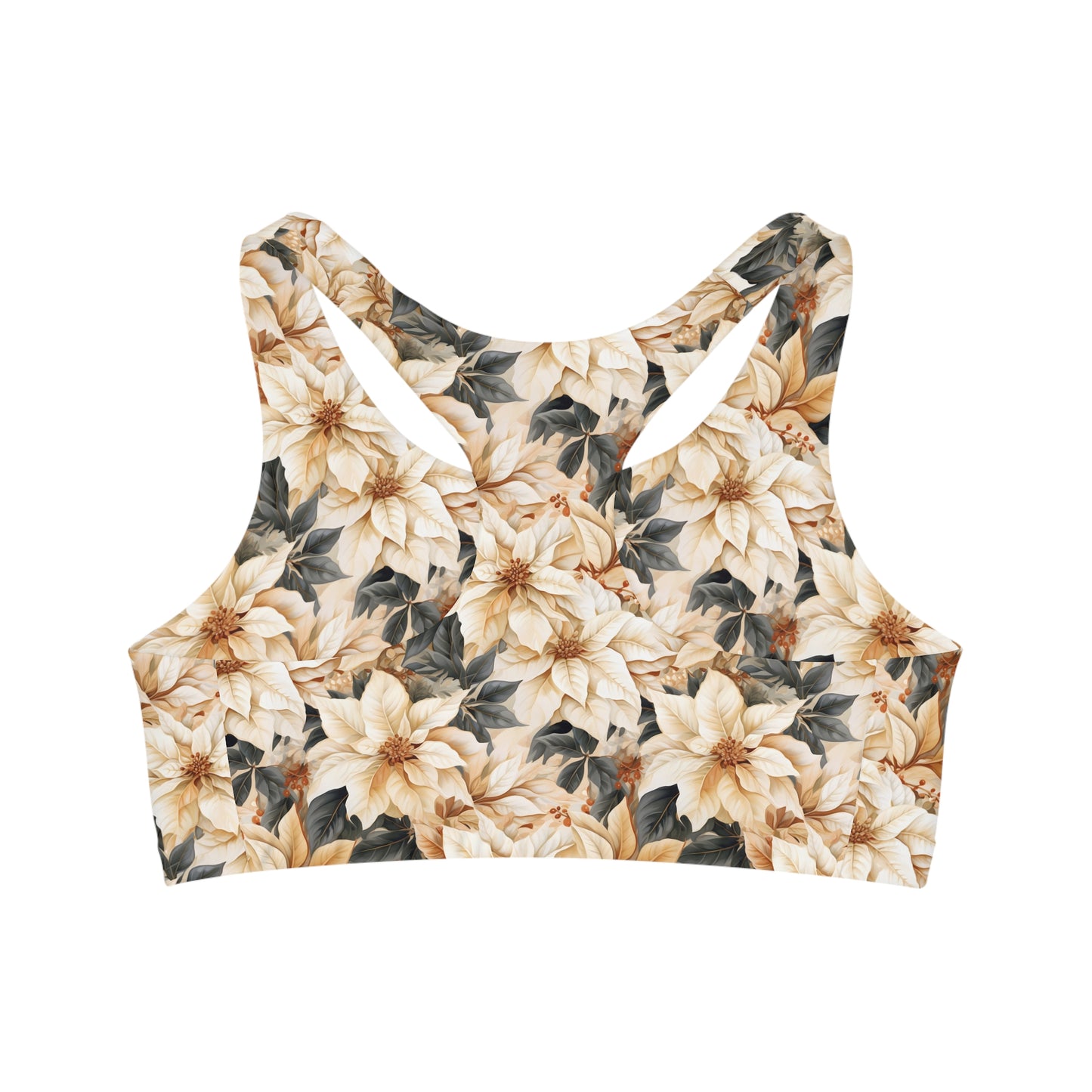 Seamless Sports Bra, Cream Poinsettia,   Women's Crop Top, Women's Sportswear, Women's Athleticwear, Women's Activewear