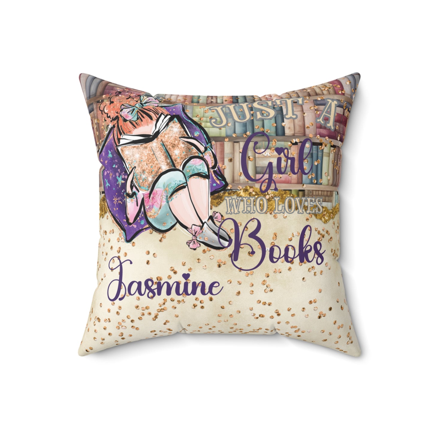 Polyester Square Pillow, Just a Girl who Loves Books, Red Hair