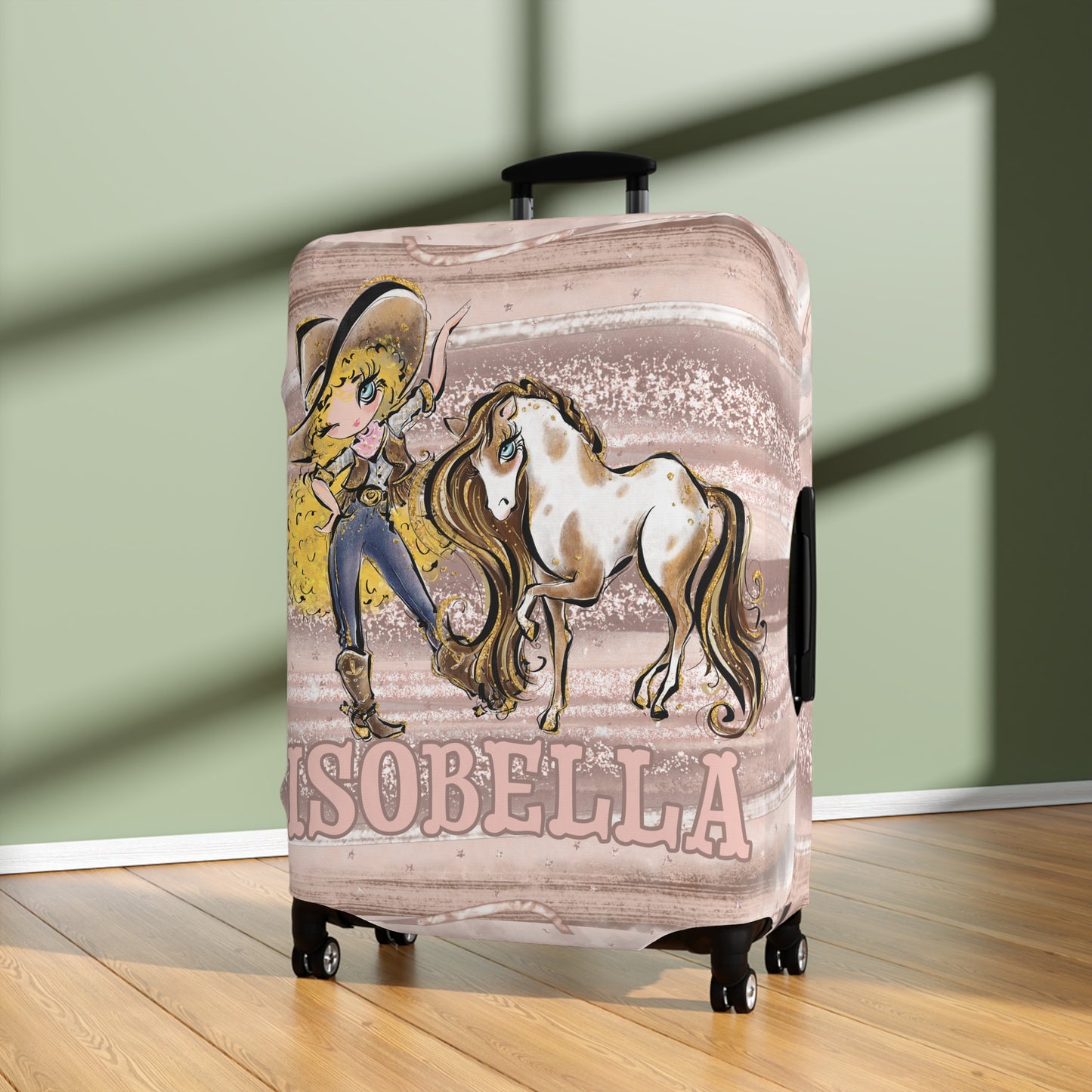 Luggage Cover, Howdy Cowgirl and Horse, Blonde Curly Hair Blue Eyes