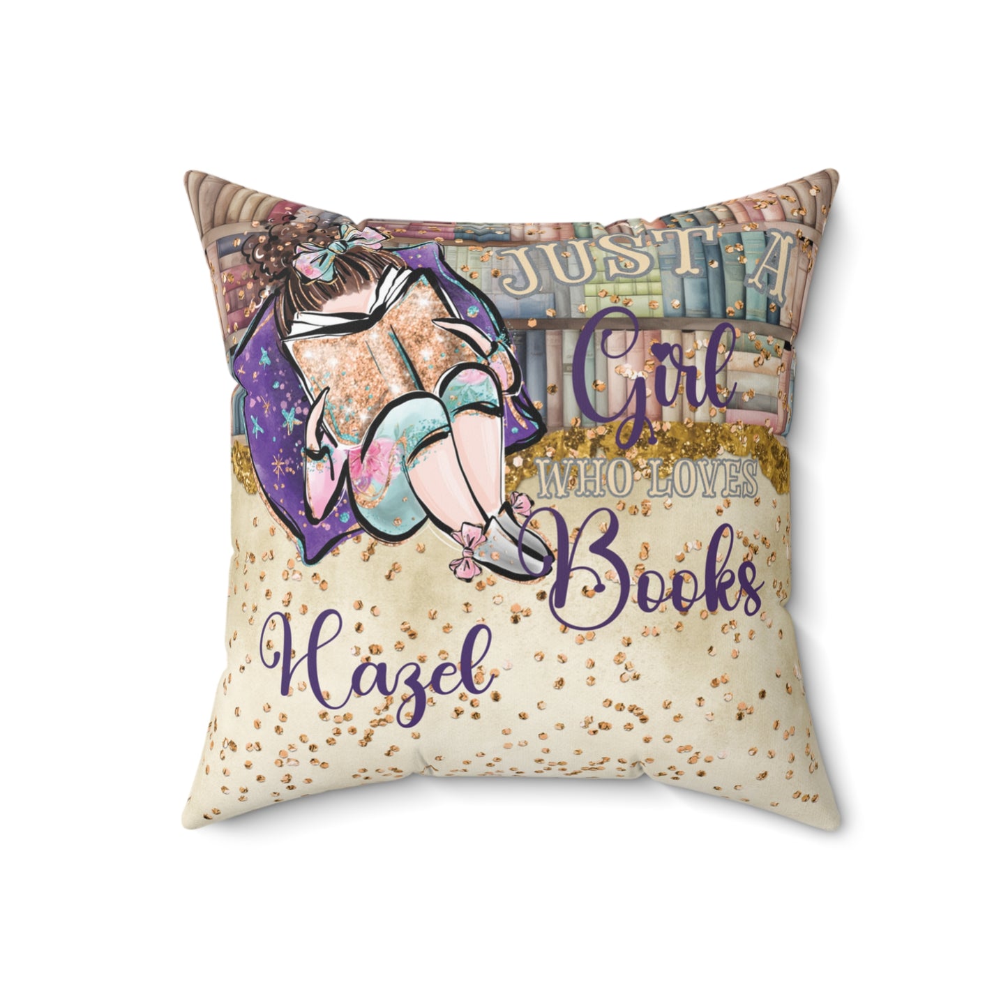 Polyester Square Pillow, Just a Girl who Loves Books, Brunette Hair