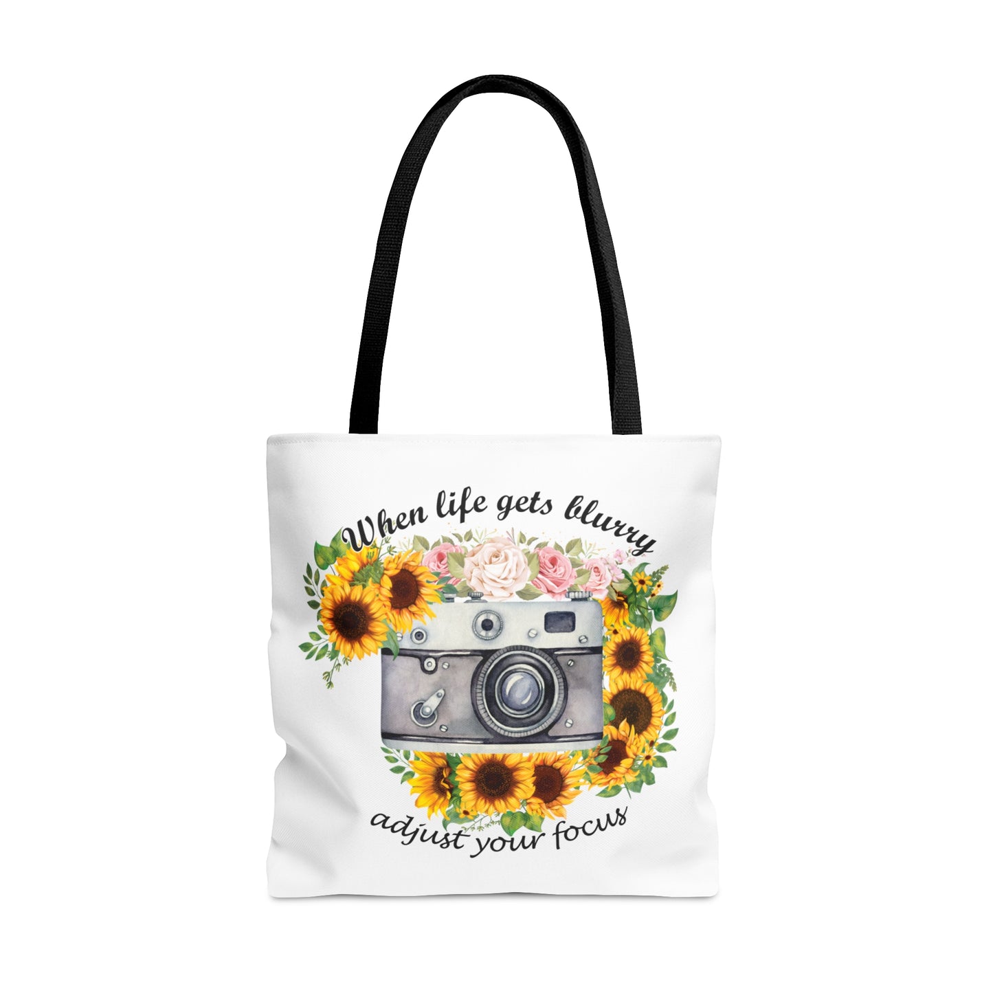 Personalised/Non-Personalised Tote Bag, Sunflower, Camera, When Life gets Blurry adjust your Focus, Tote bag
