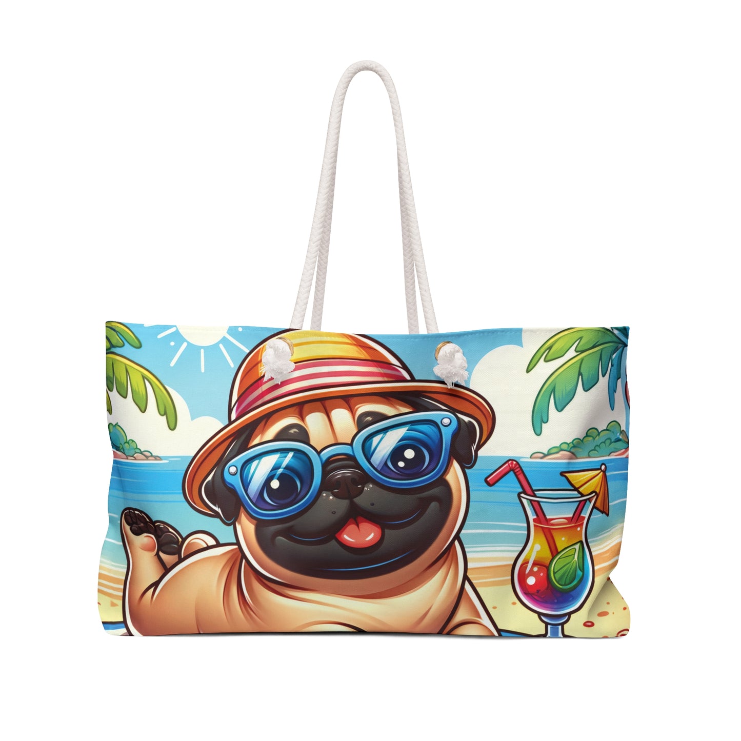 Personalised/Non-Personalised Weekender Bag, Summer Beach Dog, Pug, Large Weekender Bag, Beach Bag, Book Bag