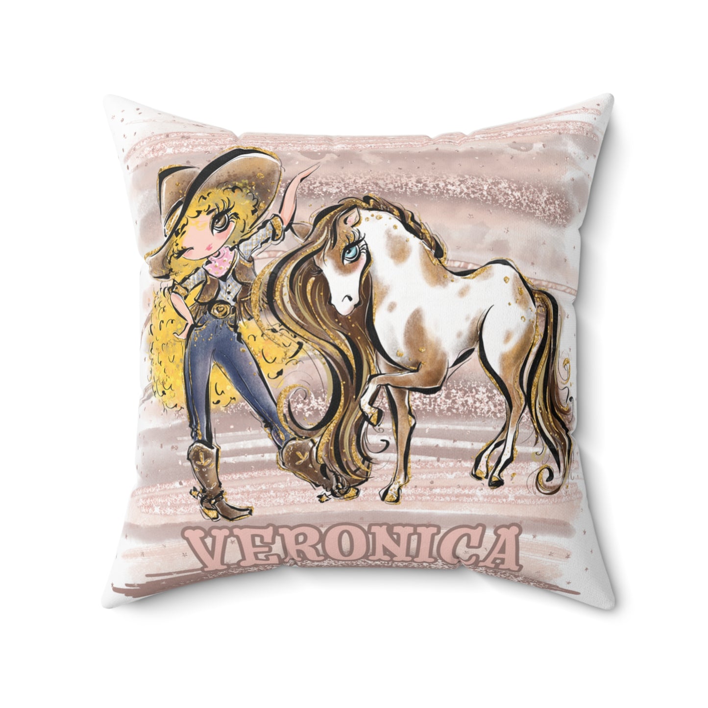 Personalised Cowgirl and Horse Cushion,  Blonde Curly Hair, Brown Eyes, Polyester Square Cushion, Christmas cushion