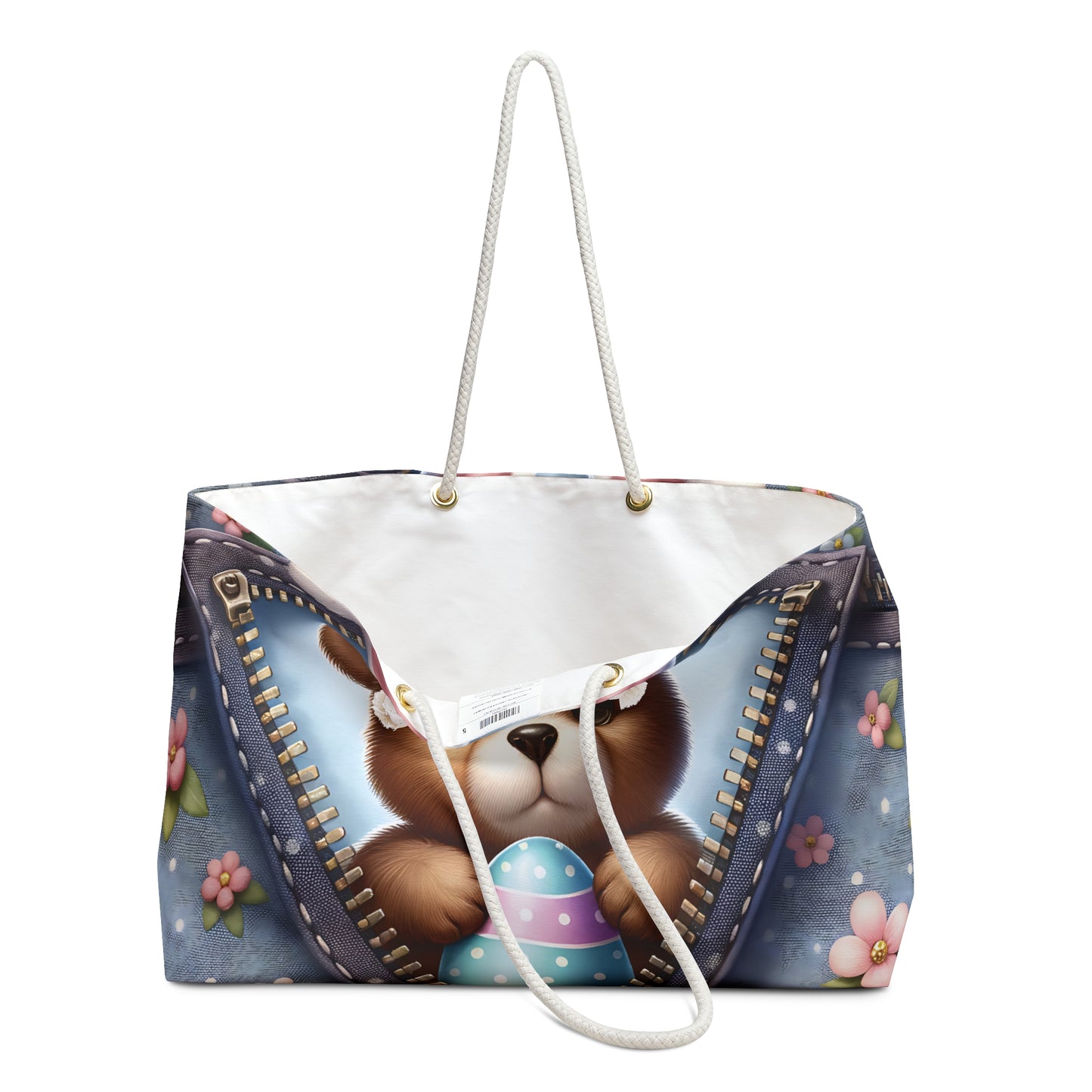 Personalised/Non-Personalised Weekender Bag, Easter, Cute Bear with Bunny Ears, Large Weekender Bag, Beach Bag, Book Bag