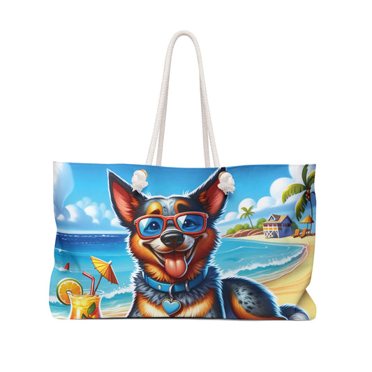 Personalised/Non-Personalised Weekender Bag, Summer Beach Dog, Australian Cattle Dog, Blue Heeler, Large Weekender Bag, Beach Bag, Book Bag