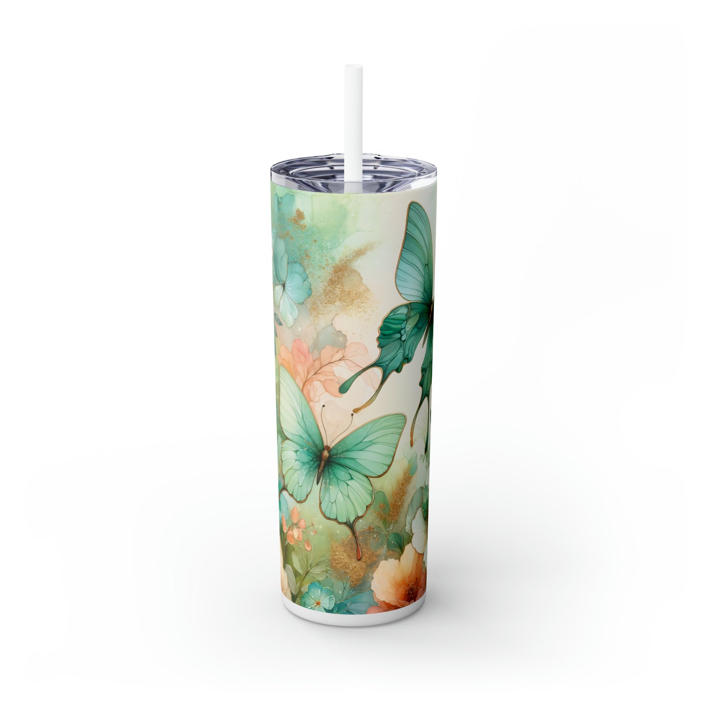 Skinny Tumbler with Straw, 20oz, Floral Butterflies, awd-716