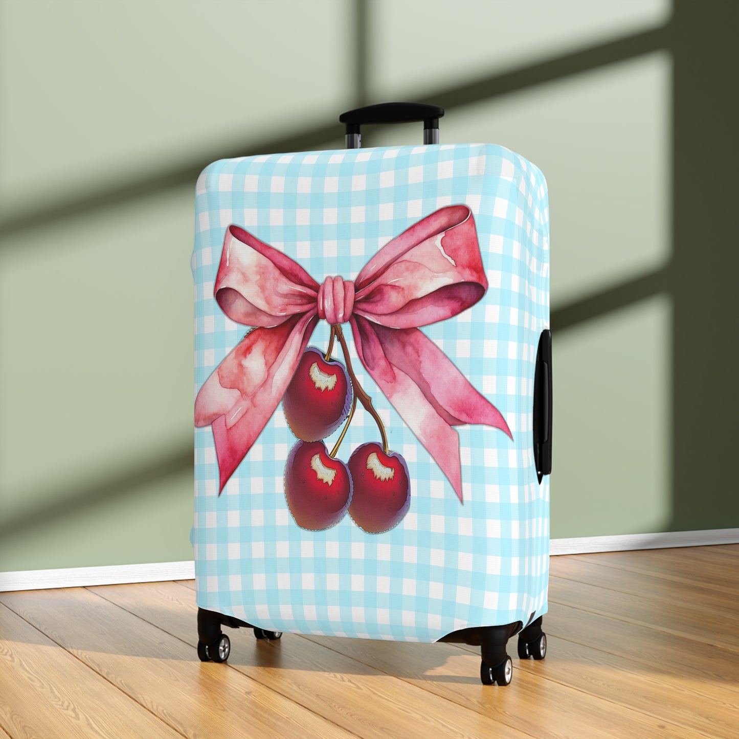 Luggage Cover, Rockabilly, Coquette, Pastel Blue Gingham, Cherries and Ribbon, awd-2513