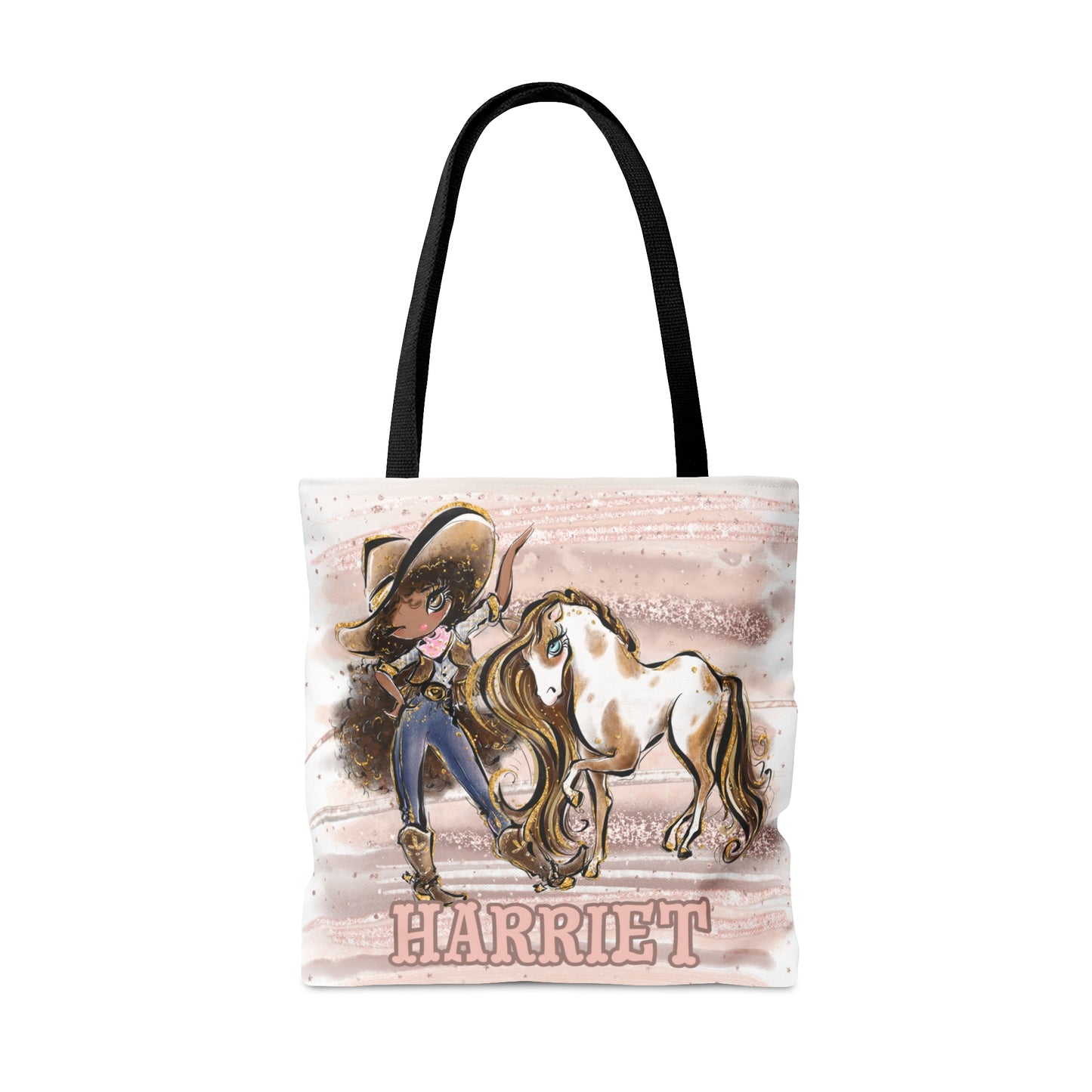 Personalised Tote Bag, Cowgirl & Horse, Brown Curly Hair, Olive Skin, Brown Eyes, Tote bag