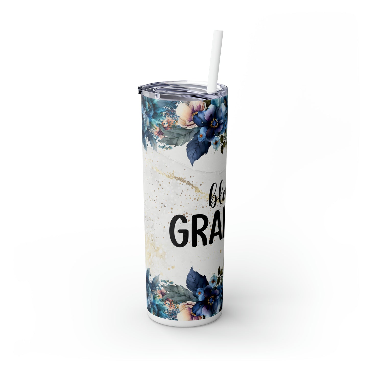 Skinny Tumbler with Straw, 20oz, Floral, Quote, Blessed Grandma, awd-729