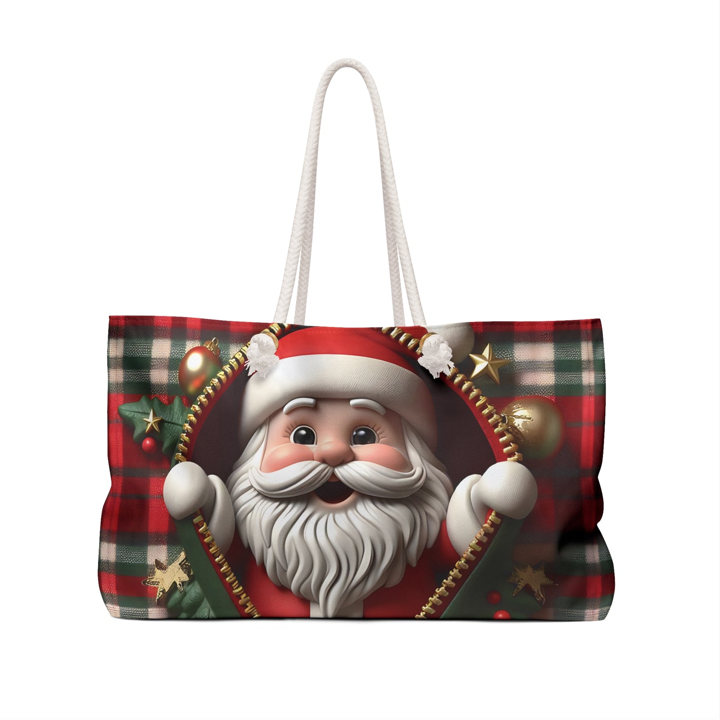 Personalised/Non-Personalised Weekender Bag, Cute Santa, Christmas, Tartan, Large Weekender Bag, Beach Bag, Book Bag