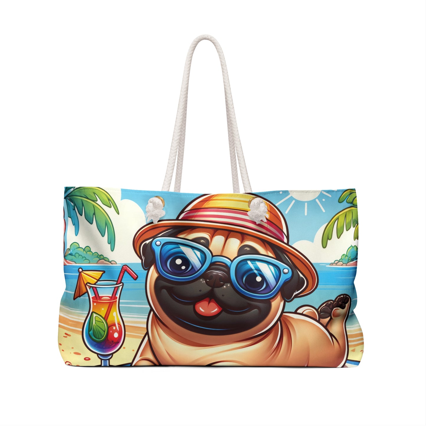 Personalised/Non-Personalised Weekender Bag, Summer Beach Dog, Pug, Large Weekender Bag, Beach Bag, Book Bag