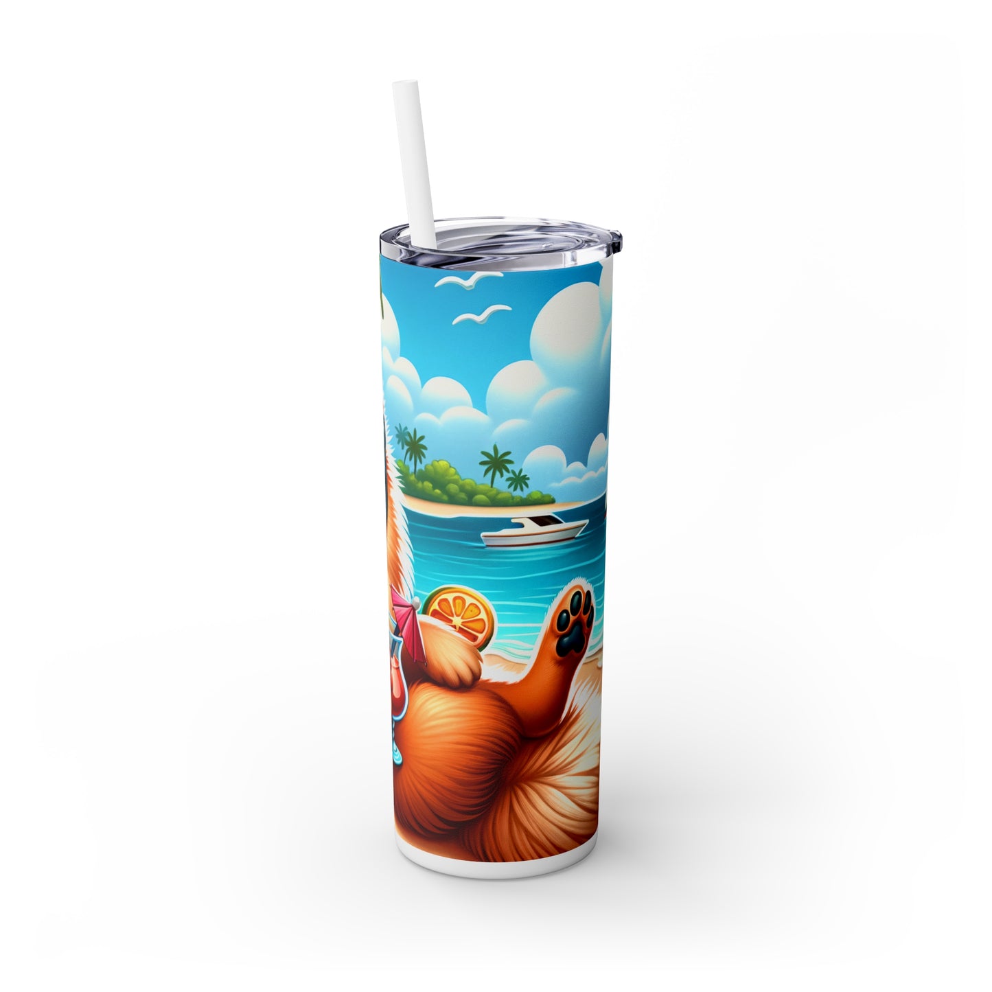 Skinny Tumbler with Straw, 20oz, Dog on Beach, Pomeranian, awd-1231