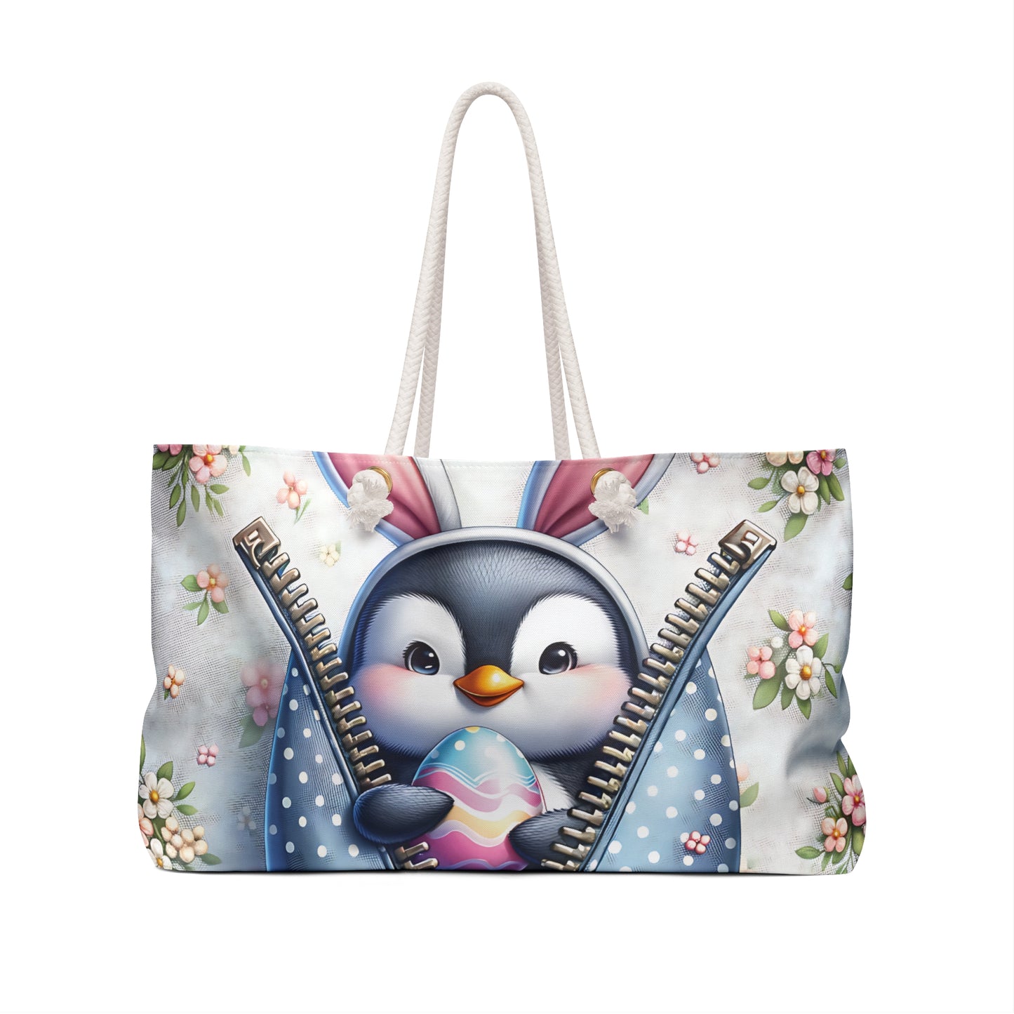 Personalised/Non-Personalised Weekender Bag, Easter, Cute Penguin with Bunny Ears, Large Weekender Bag, Beach Bag, Book Bag