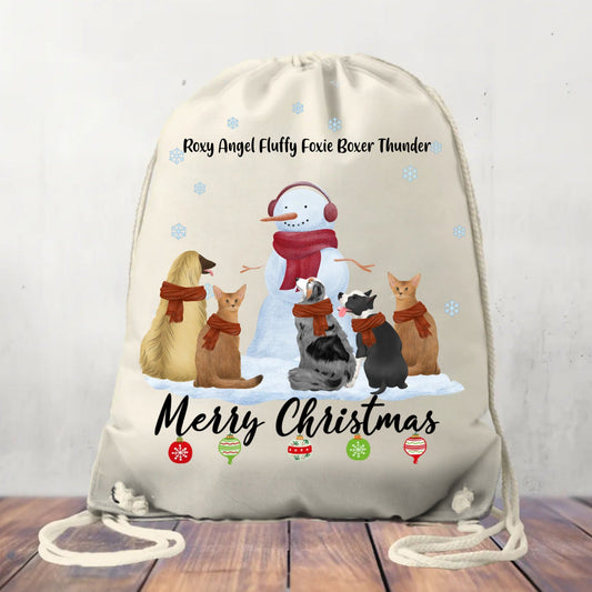 Canvas Drawstring Bag Merry Christmas Snowman and Pets