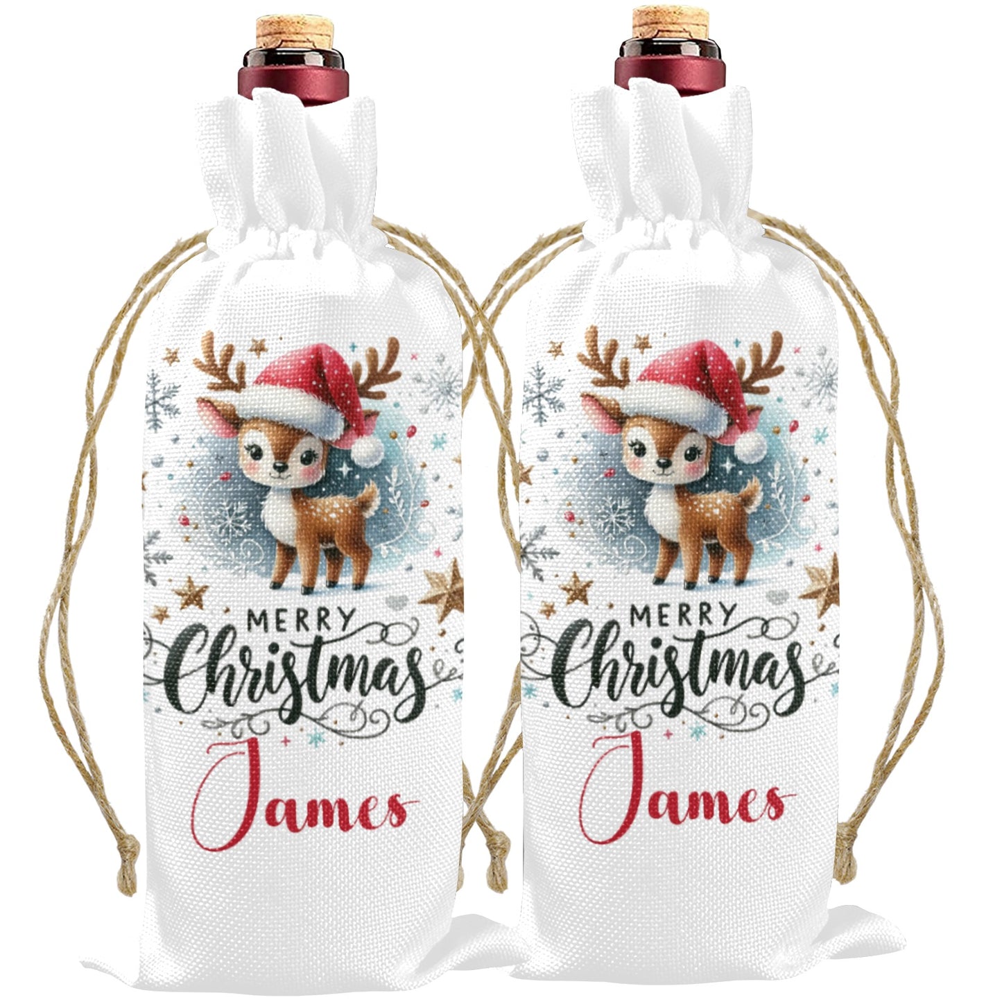 Merry Christmas Reindeer Personalised Linen Wine Bottle Bag