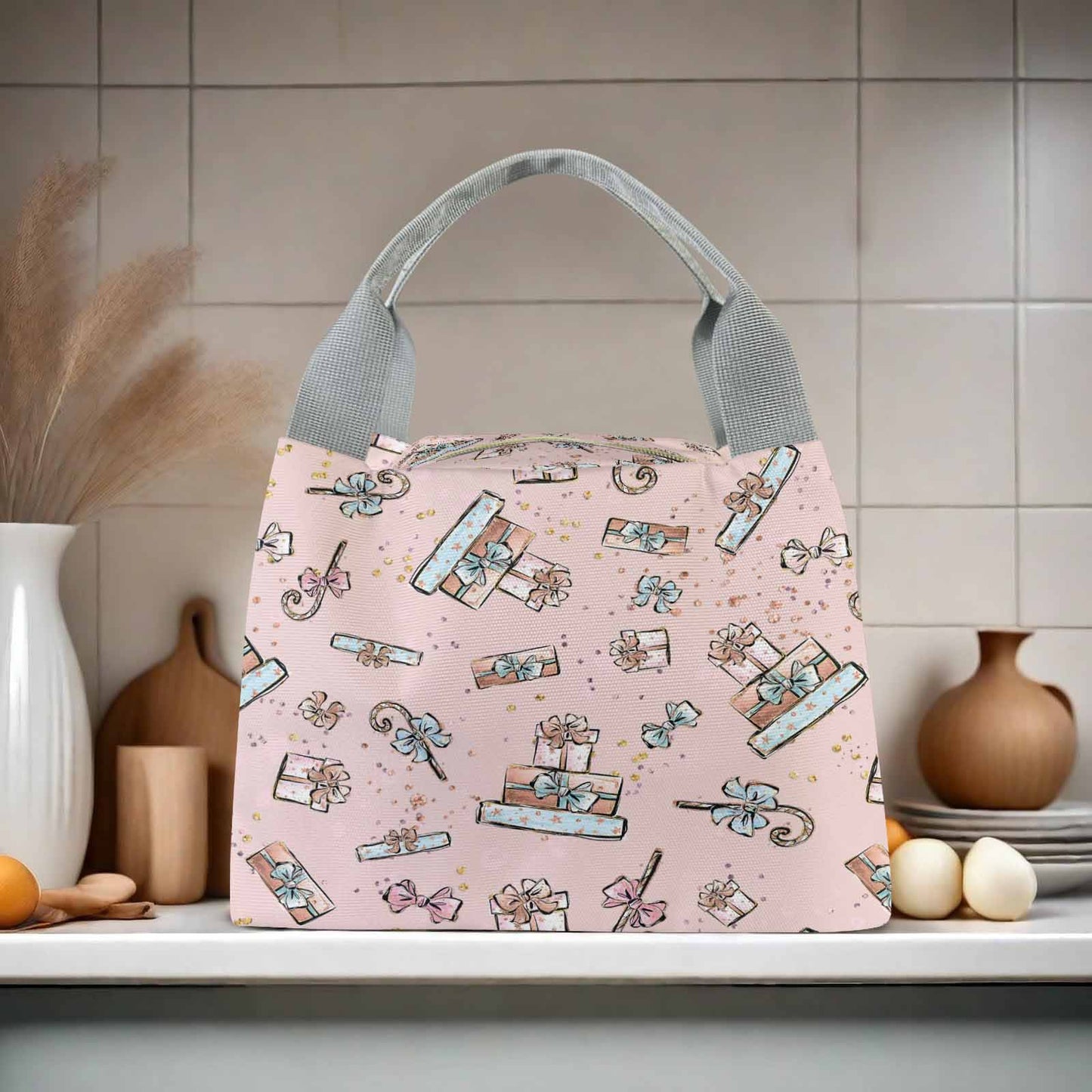 Pink Christmas  Portable Lunch Bag-Grey Handle