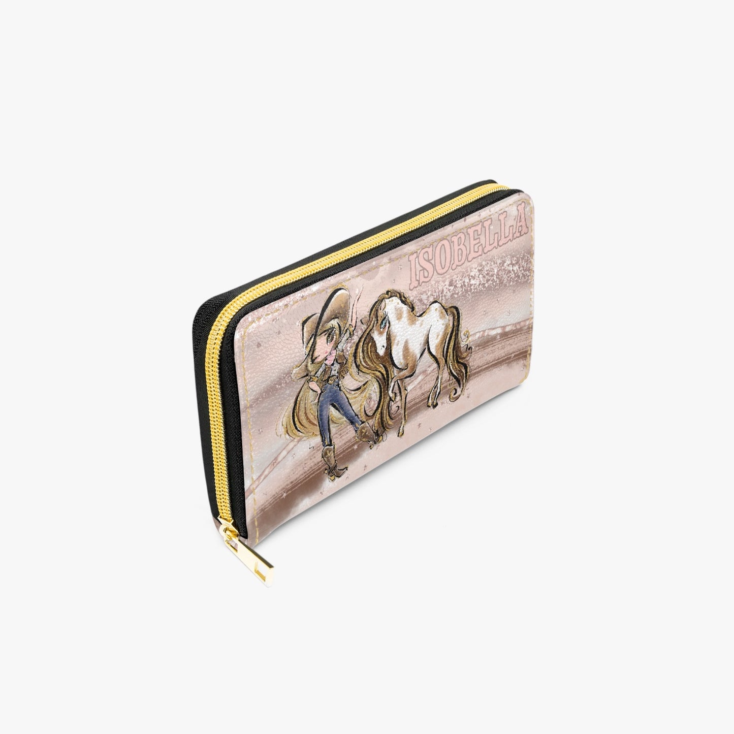 Long Type Zipper Purse, Howdy, Cowgirl & Horse, Blonde Hair Brown Eyes, Personalised