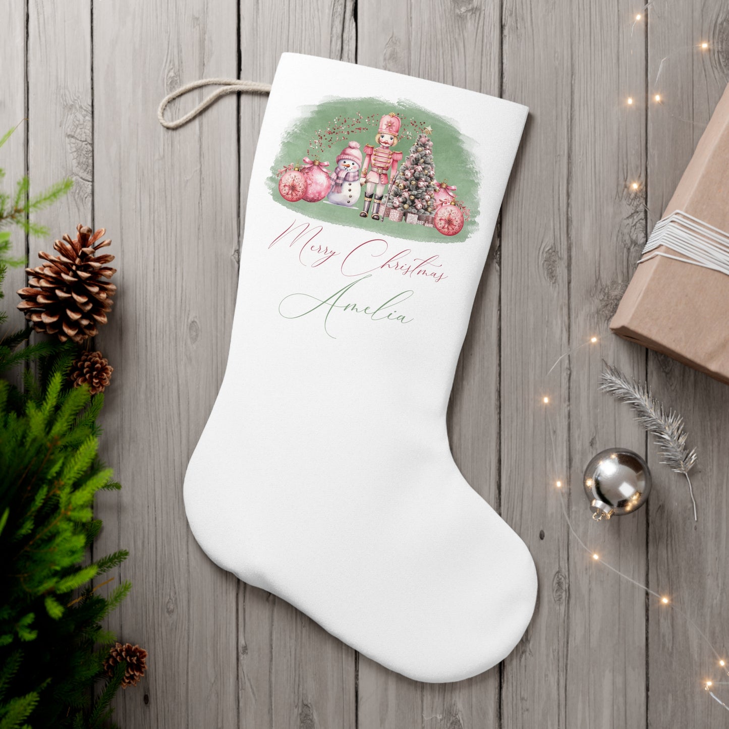 Personalised Santa Stocking, Sage Christmas Nutcracker