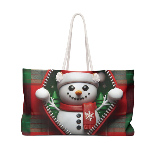 Personalised/Non-Personalised Weekender Bag, Cute Snowman, Christmas, Tartan, Large Weekender Bag, Beach Bag, Book Bag