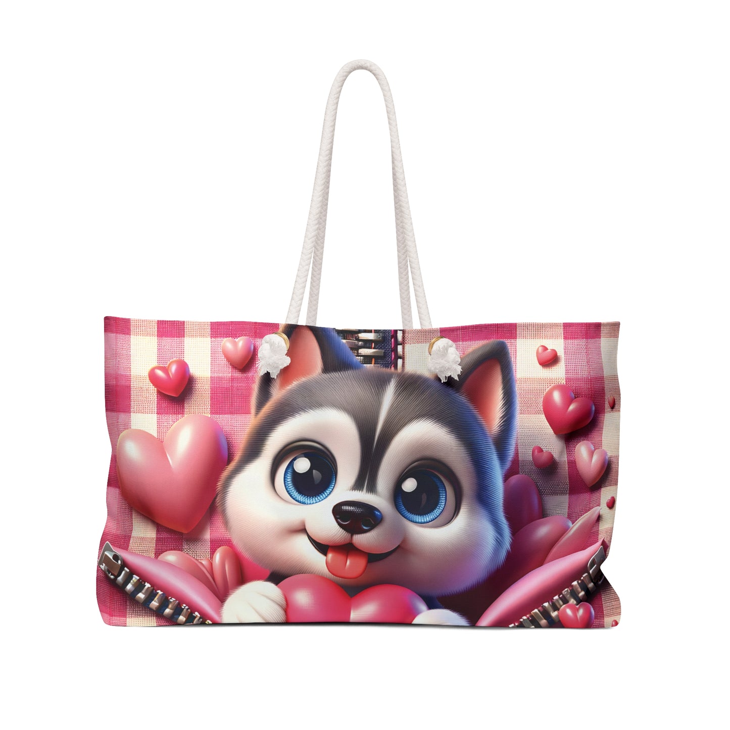 Personalised/Non-Personalised Weekender Bag, Cute Dog, Zipper, Valentines Day, Large Weekender Bag, Beach Bag, Book Bag