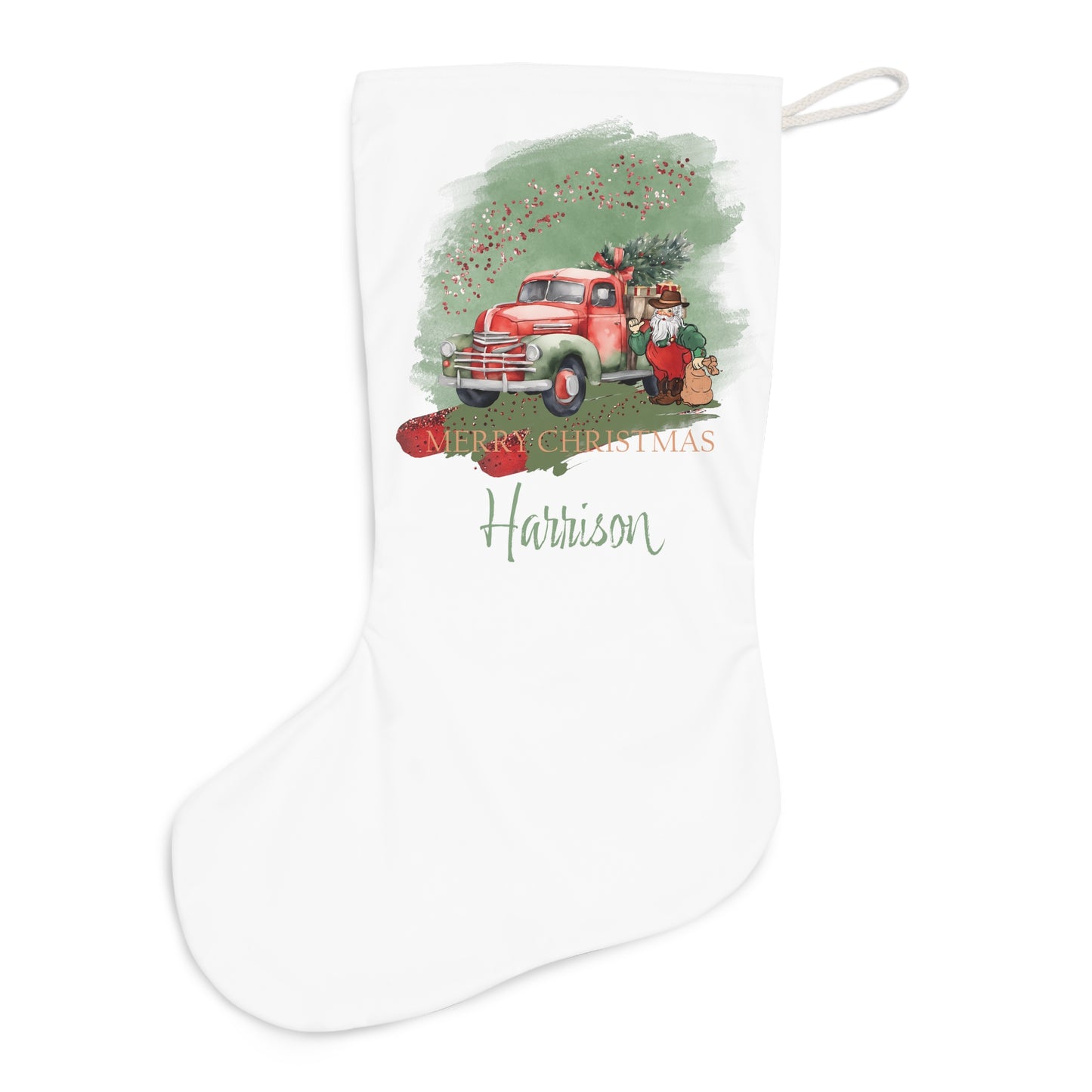 Personalised Santa Stocking, Sage Christmas Country Truck