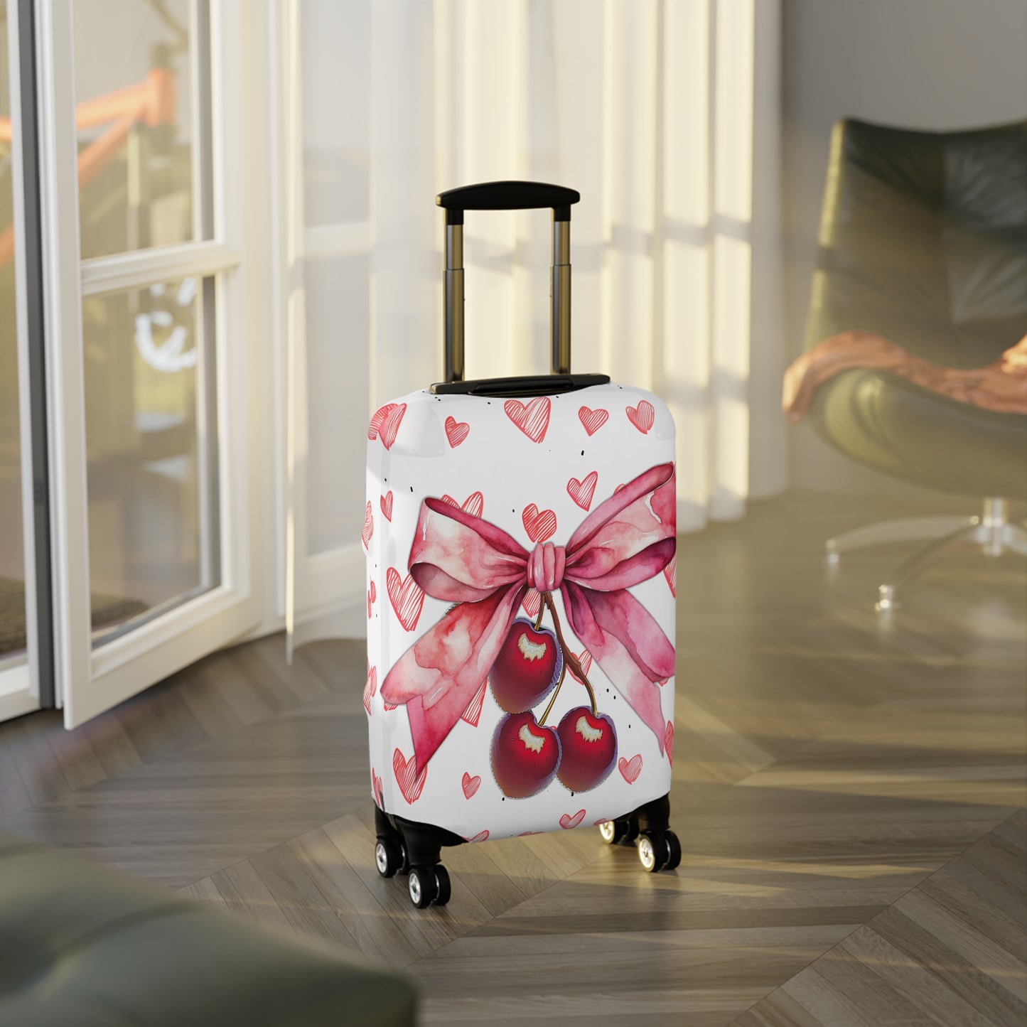 Luggage Cover, Rockabilly, Coquette, Pink Hearts Cherries and Ribbon, awd-2501