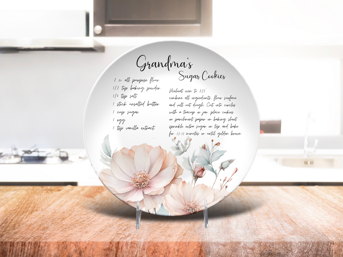 Personalised Teal & Rose Wildflowers Handwritten Family Recipe Heirloom Plate/Platter