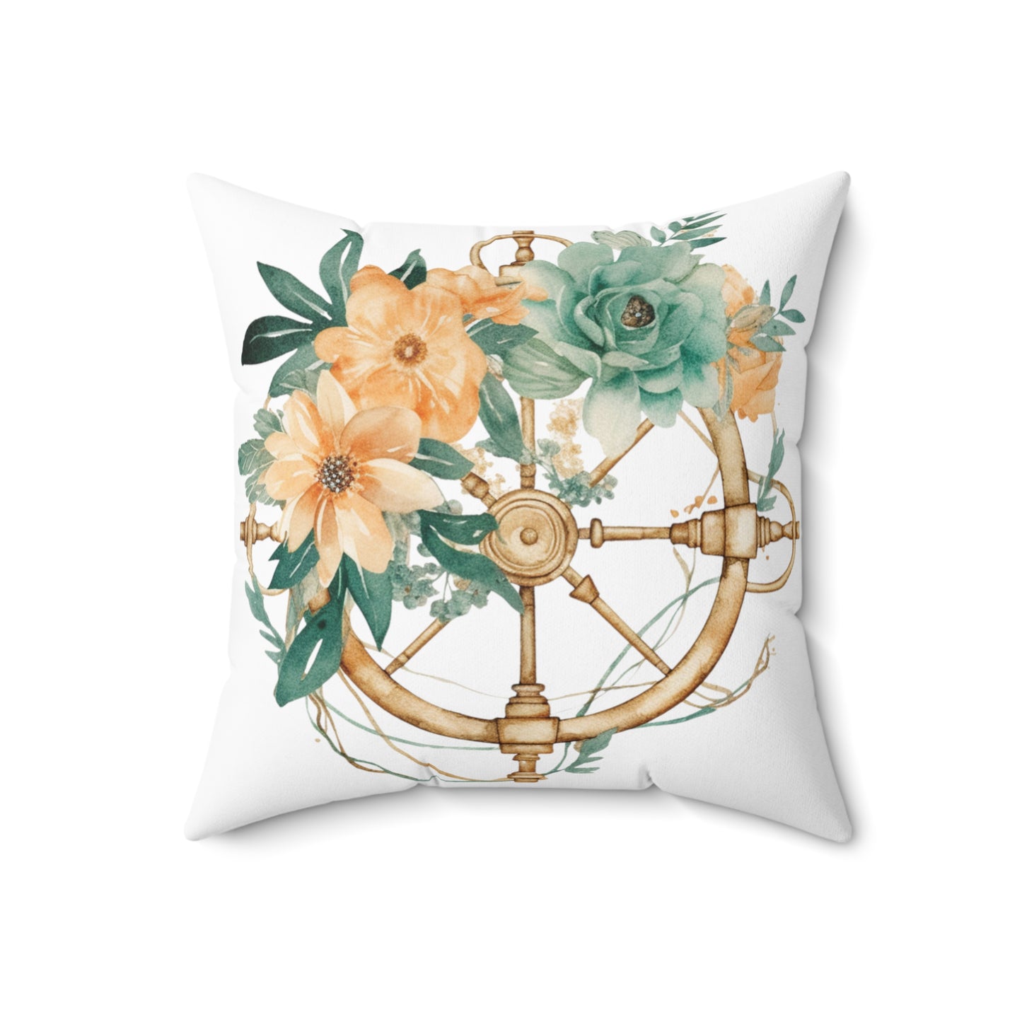 Nautical Polyester Square Cushion, Nautical cushion, Floral Ships Wheel