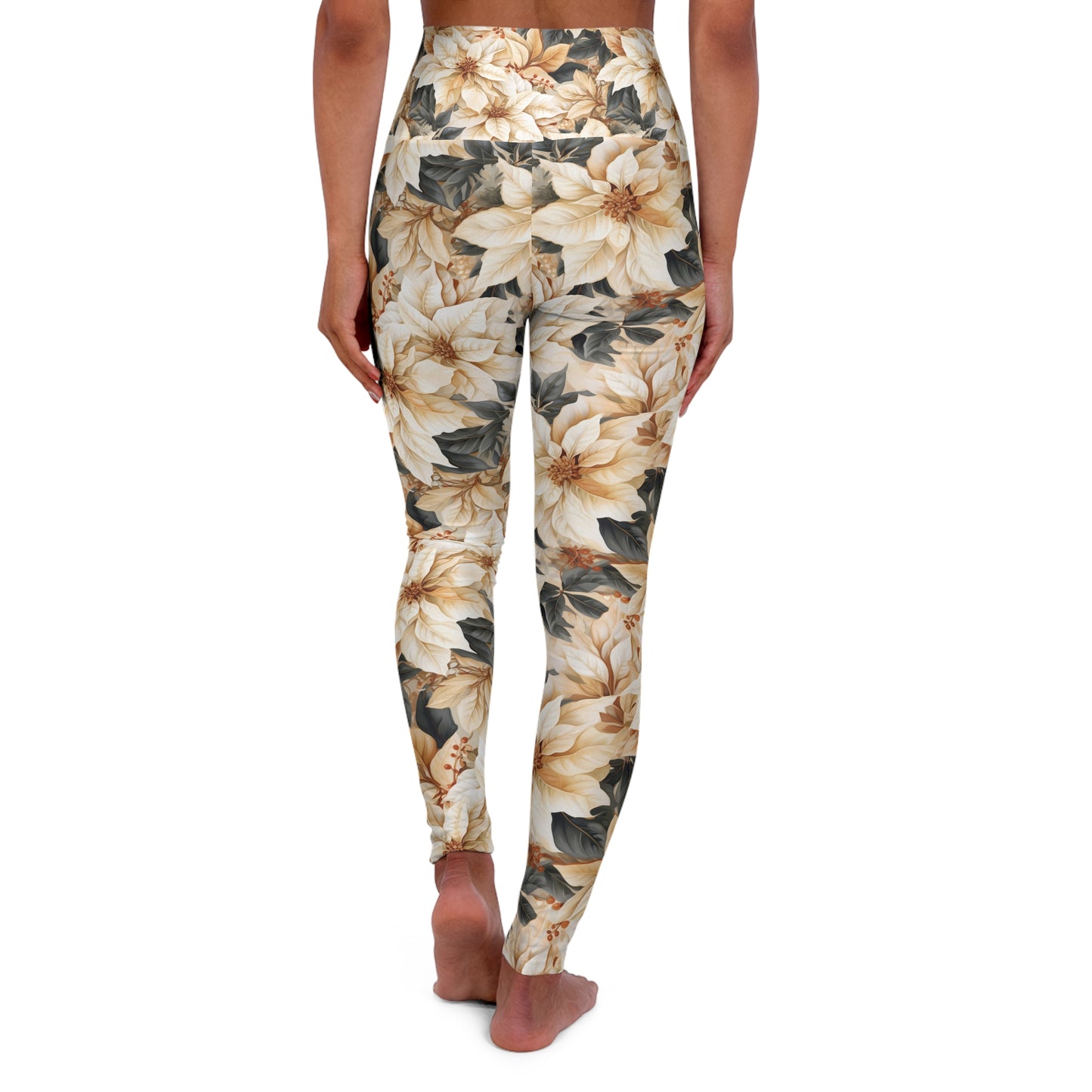 High Waisted Yoga Leggings Cream Poinsettia