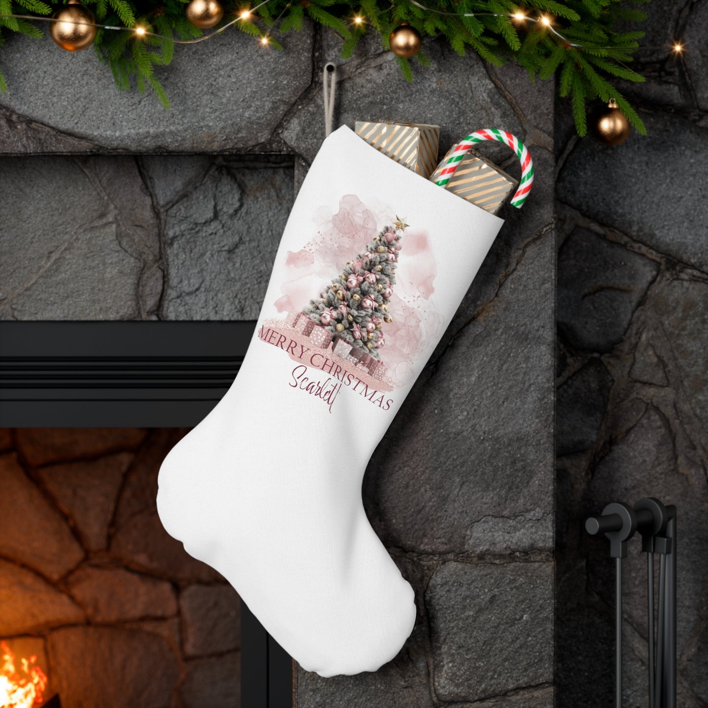 Personalised Santa Stocking, Pink Christmas Christmas Tree