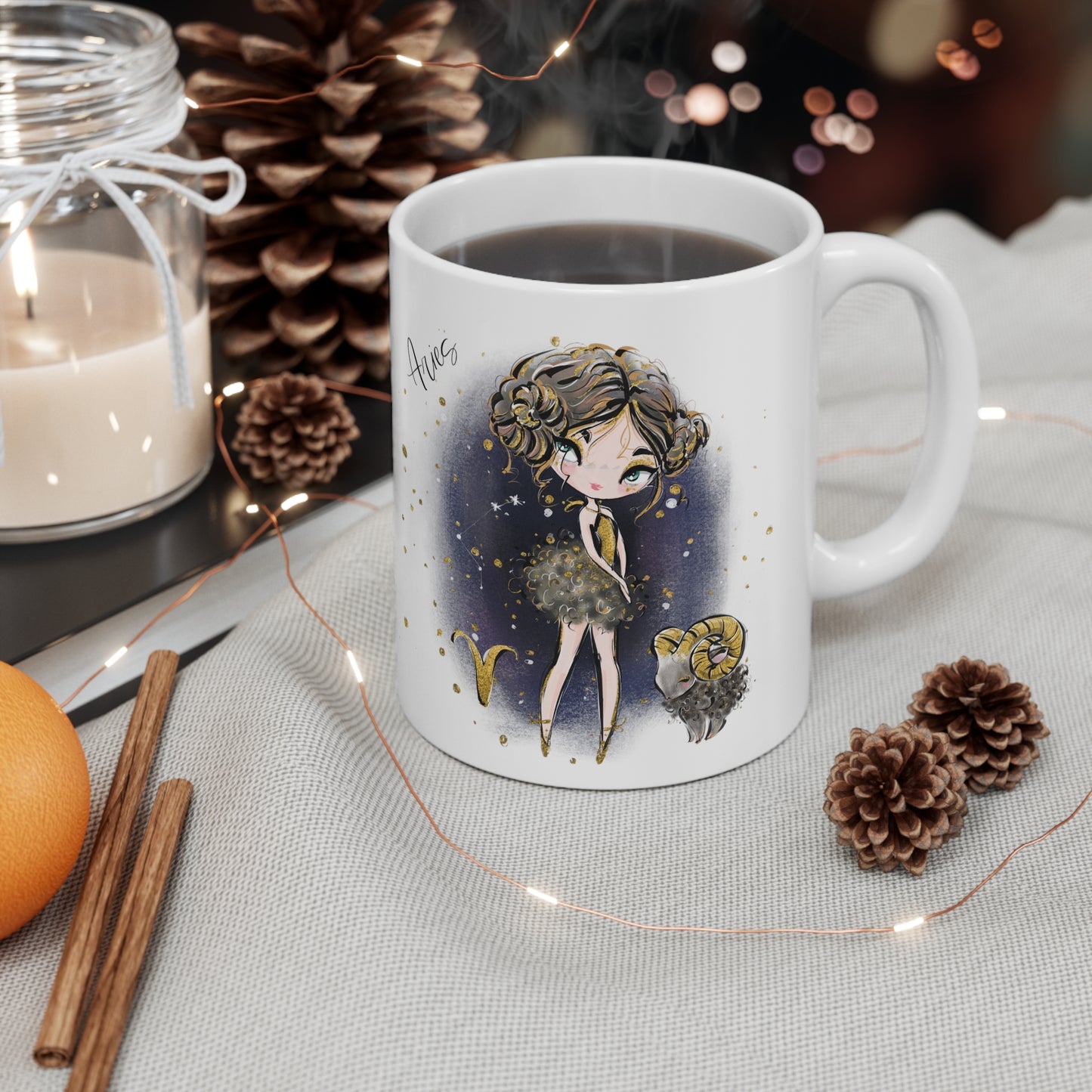 Personalised/Non Personalised Zodiac Sign, Aries, Ceramic Mug 11oz Brunette Hair - Blue Eyes - Bg