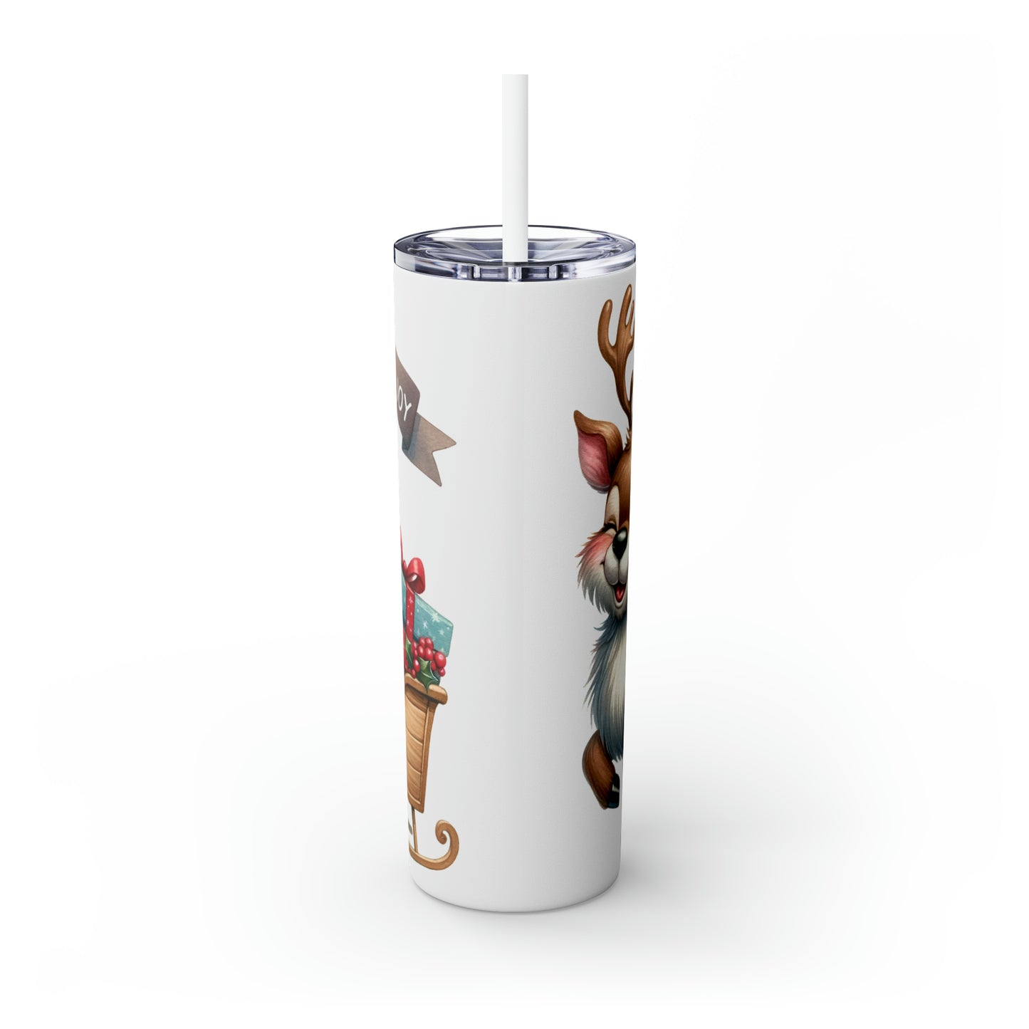 Skinny Tumbler with Straw, 20oz, Reindeer Sleigh